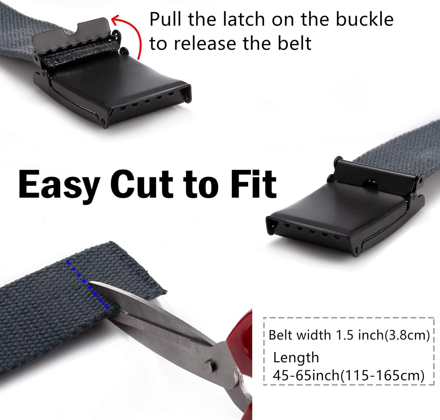 Yunyunstrap Mens Canvas Web Belt, Cut to Fit Size up to 69" with Flip-Top Solid Black Military Buckle, 2 Pack image number 2