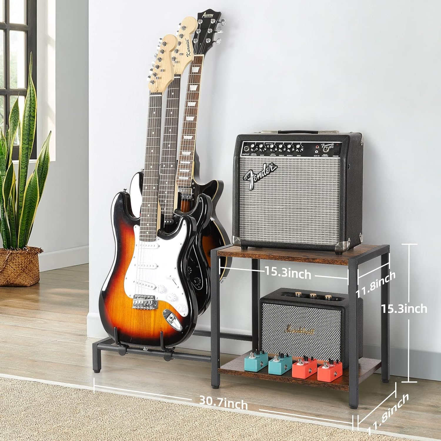 Guitar Stand for Electric Guitar and Bass,3 Guitar Stand Floor with Guitar Amp Stand,Guitar Rack for Multiple Guitars, Guitar Accessories, Adjustable Guitar Holder, Guitar Display for Music Studio image number 6
