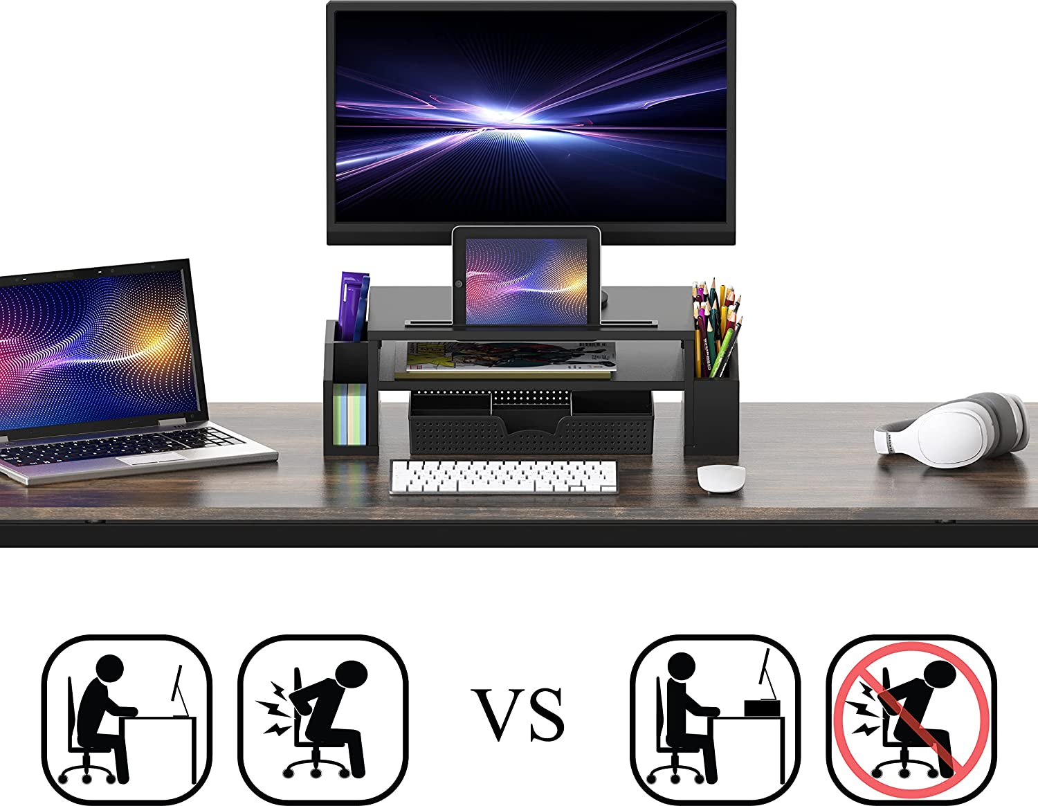 Simplehouseware Monitor Stand Riser with Drawer and 2 Side Desk Organiser, Black image number 1