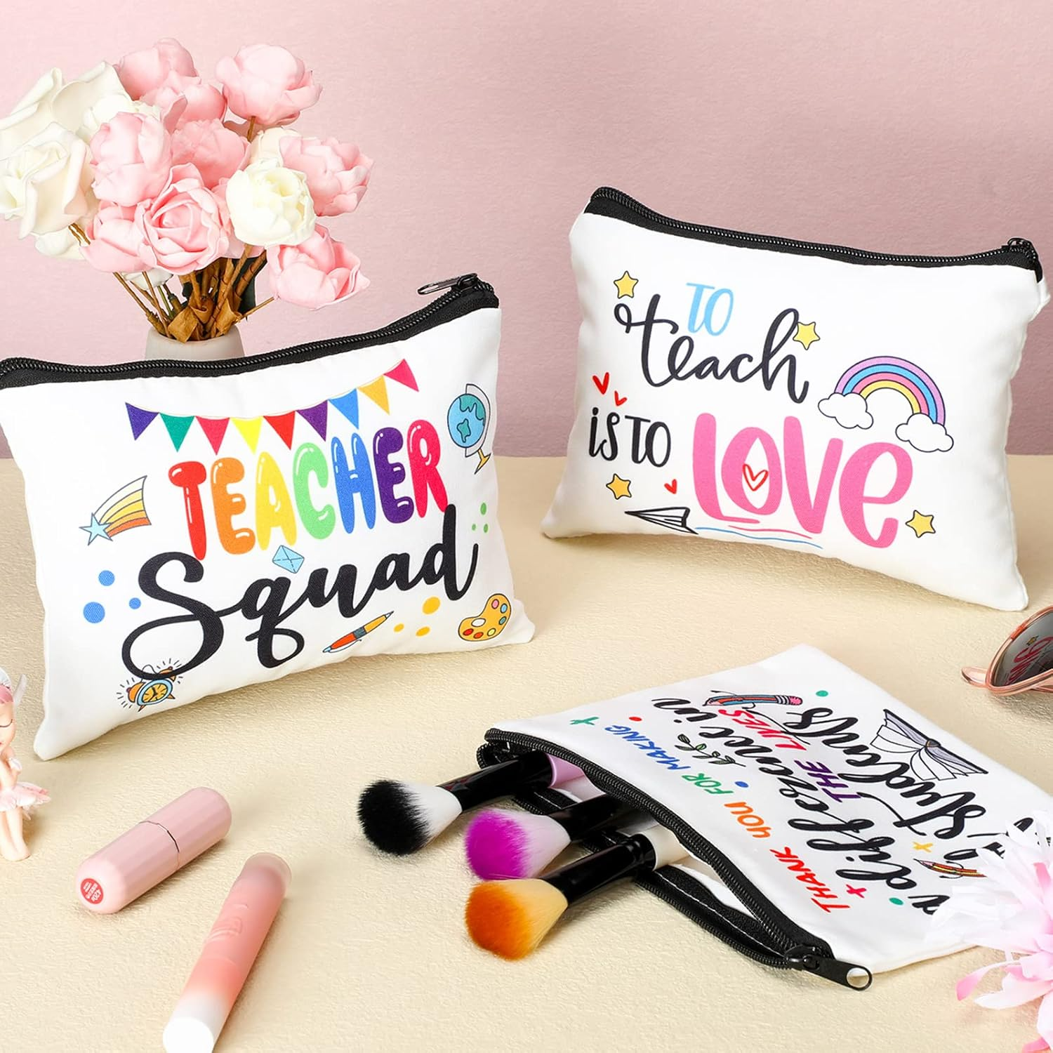 Hillban 32 Pieces Teacher Back to School Gifts Teacher Appreciation Gifts Women Cosmetic Makeup Bag Funny Pencil Pouch for Graduation Birthday, Multicolor, about 9.1 X 5.9 Inches/ 23 X 15 Cm, Cute image number 4