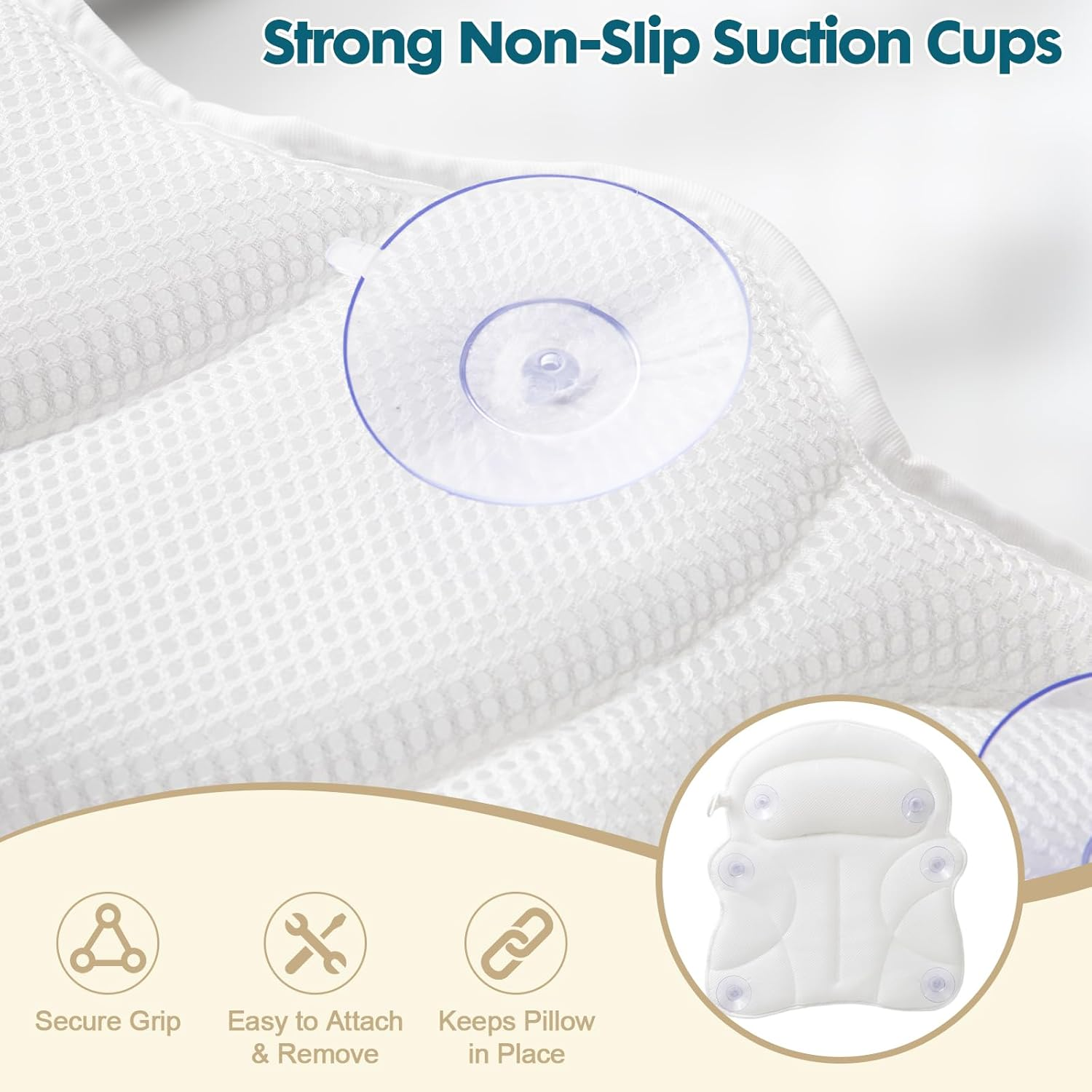 Bath Pillows for Tub &ndash; 4D Air Mesh Bathtub Pillow with Head, Neck & Shoulder Support, Larger Size Non-Slip Tub Pillow for Bathtub & Jacuzzi, Bath Tub Pillow with Wash Bag, Gift for Women & Men image number 3