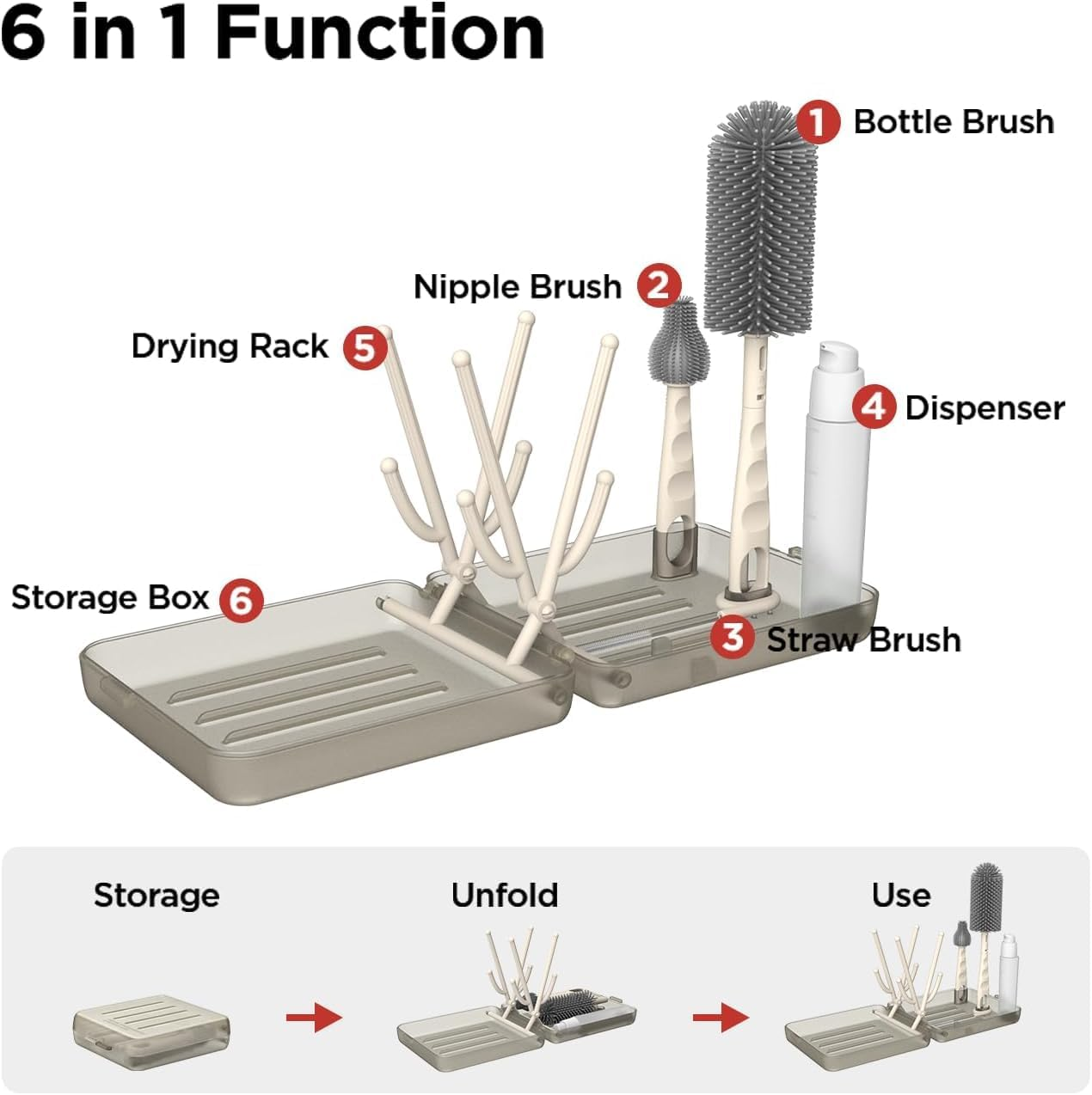 Travel Bottle Brush Set, Auto-Open Rack & Vertical Brushs Drying Slots, 3 Brushes, Foldable Drying Rack, Dispenser, Travel Baby Essentials for On-The-Go Parents, Coffee 1Set image number 2