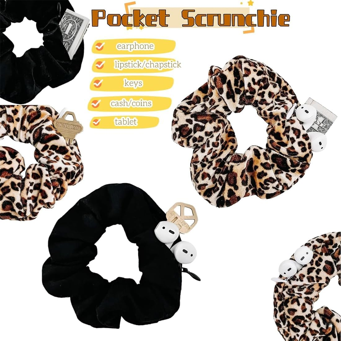 WERIGONI Pack of 3 Women'S Hair Bobbles with Zip, Elastic Hair Bobbles with Hidden Zip Pocket, Secret Compartment image number 5