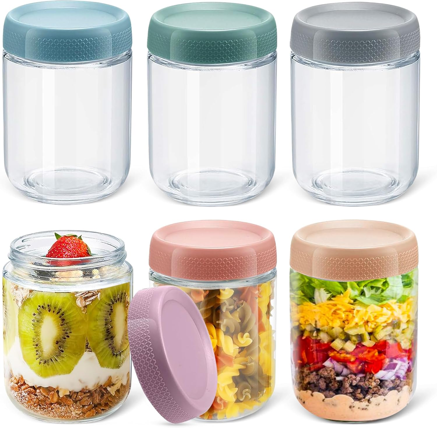 6 Pack Overnight Oats Jars with Airtight Lids, 16Oz(480Ml) Wide Mouth Mason Jars, Leak Proof Clear Glass with Lid, Glass Container Food Storage for Fruit Salad Cereal Snacks Spice image number 1