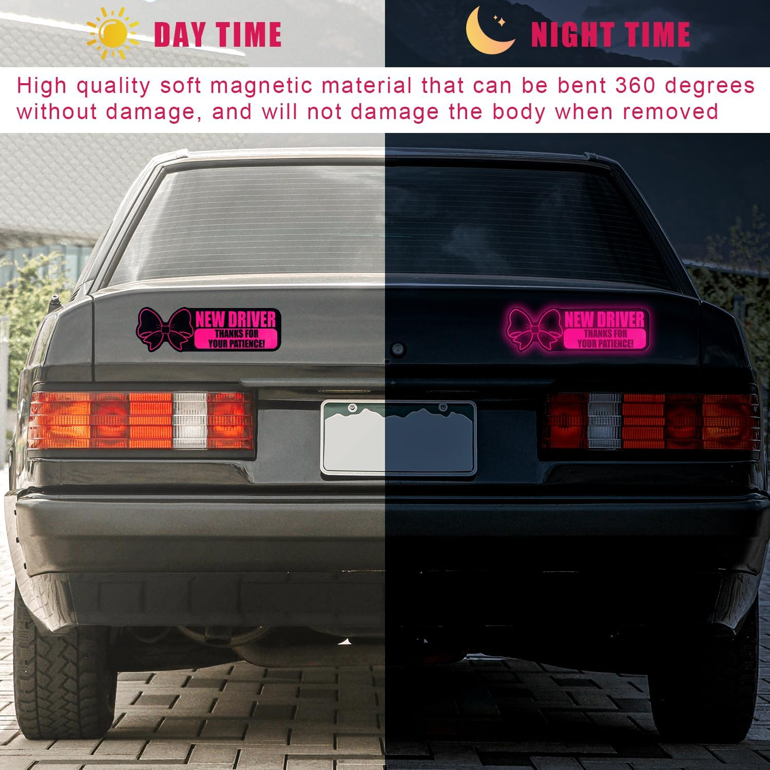 2Pcs New Driver Magnet for Car, Cute Candy Bow Reflective Rookie Driver Stickers for Car Vehicle Bumper Novice Thanks for Your Patience Removable Magnetic Student Driver Signs Car Decal Accessories