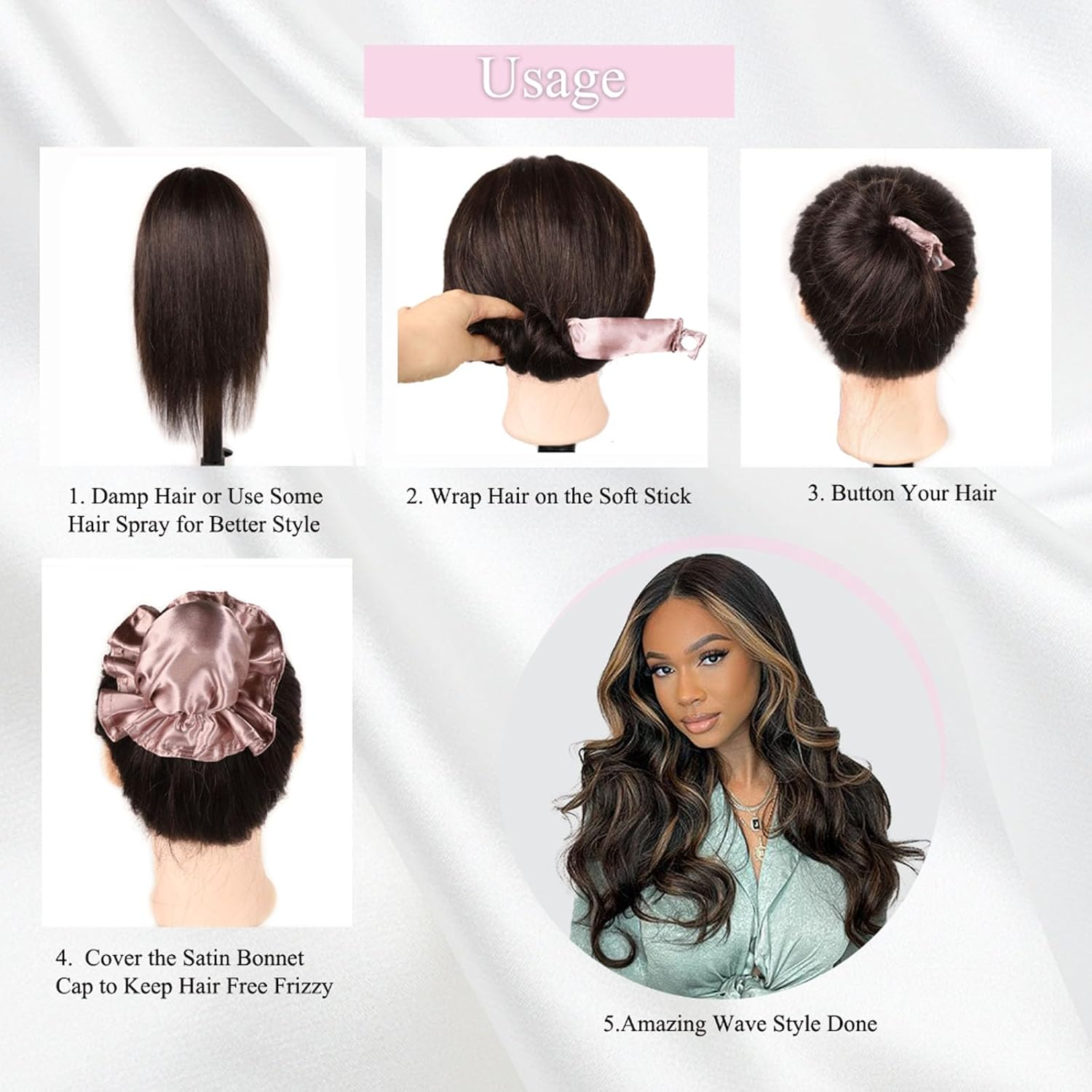 CLIONE 3 Sets Overnight Heatless Curls Blowout Rods Silk Hair Curlers to Sleep in Satin Heatless Curling Set Zero Heat Bun Bons with Bonnet Cap No Heat Headband Roller Wrapper Fpink image number 3