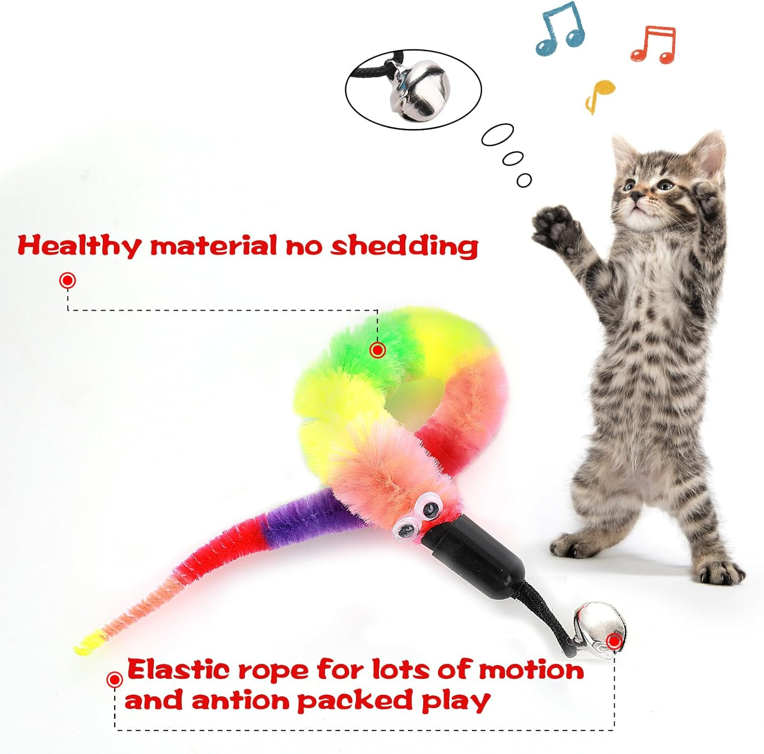 Amaxiu Rainbow Cat Wand Toy - 12Pcs Replacement Refills, Interactive Feather Toys with Bells for Indoor Cats and Kitten Training - Fluffy Worms Accessories