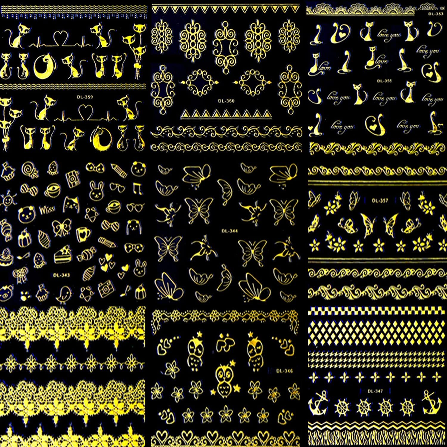 30 Sheets Gold Nail Art Stickers Nail Art Decals 3D Self-Adhesive Cat Chain Butterfly Heart Snowflakes Nail Art Designs Acrylic Nails Supplies Women Girls Manicure Tips DIY Charms Decorations image number 2