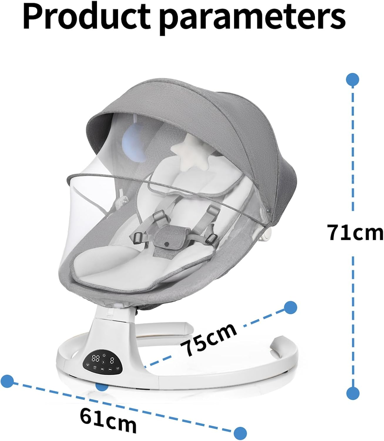 TNF Baby Bouncer for Infants, Portable Baby Swing Electric with 5 Point Harness, 5 Speeds and Music, Baby Bouncer with Machine Washable Seat Cover, Two Dolls and a Mosquio Net, Gray image number 5