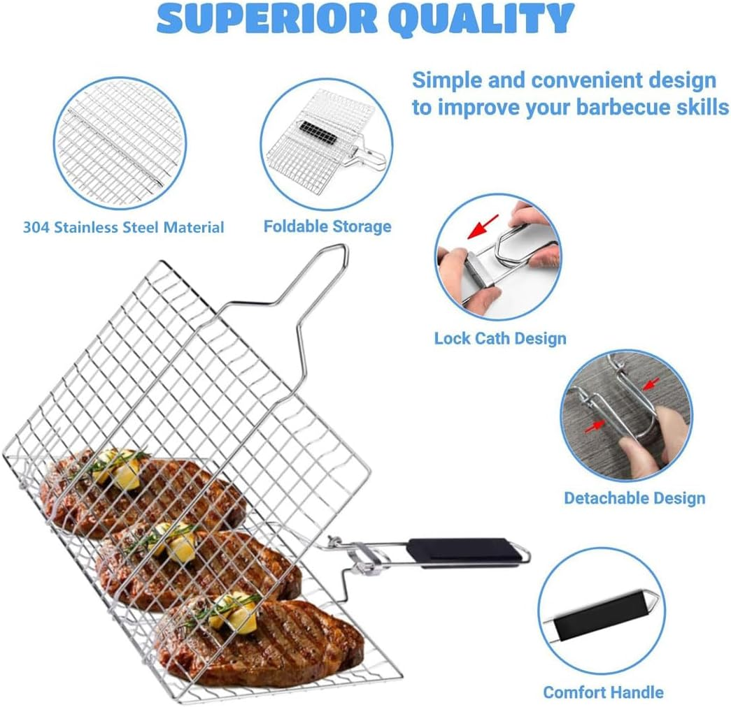 Idopick Grill Basket,Bbq Grilling Basket, 304 Stainless Steel Folding Fish Grilling Baskets with Removable Handle, Portable Outdoor Camping BBQ Rack for Fish, Shrimp, Vegetables, Barbeque Griller image number 3