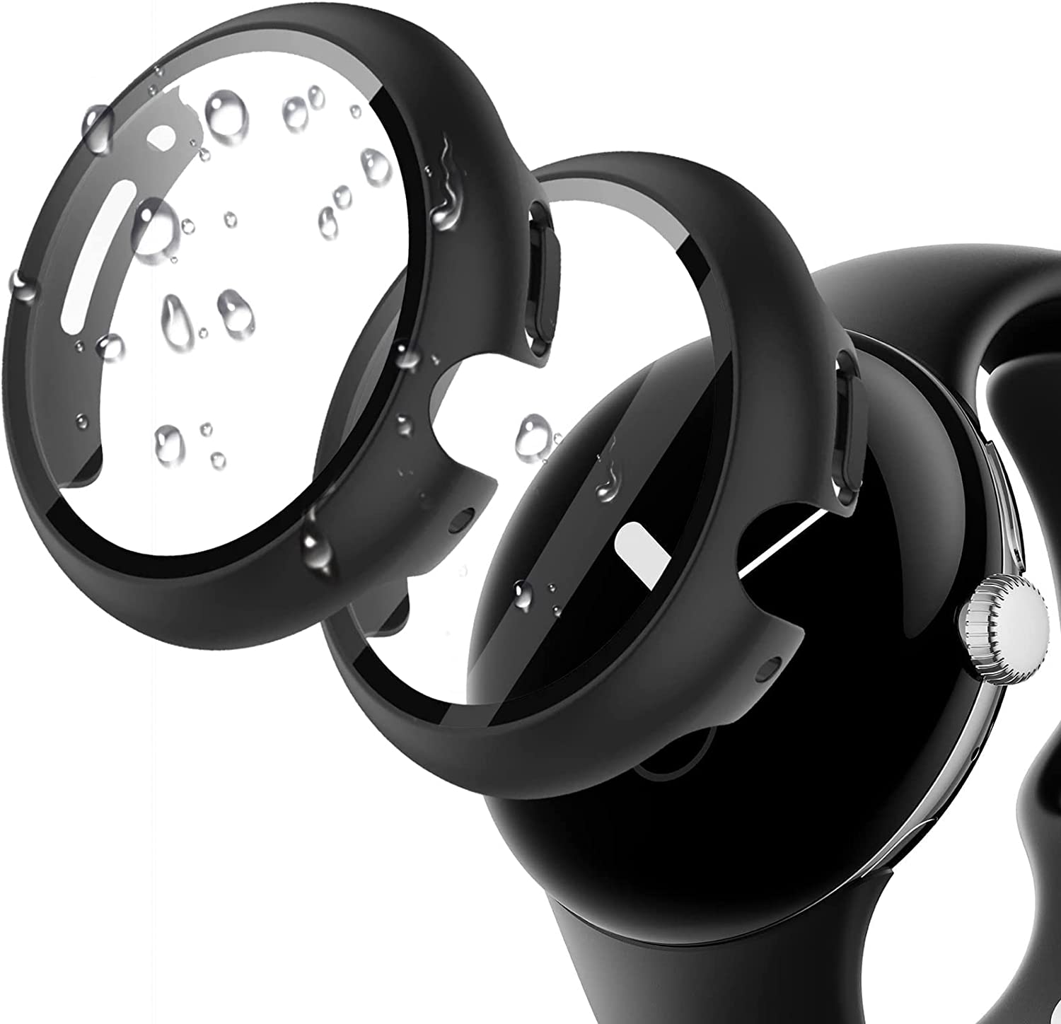 2 Pack ZANZER Hard Case Compatible for Google Pixel Watch 2/Pixel Watch 1 with Tempered Glass Screen Protector, Full Cover Hard PC Slim Scratch Resistant Bumper Cover for Google Black+Black image number 1