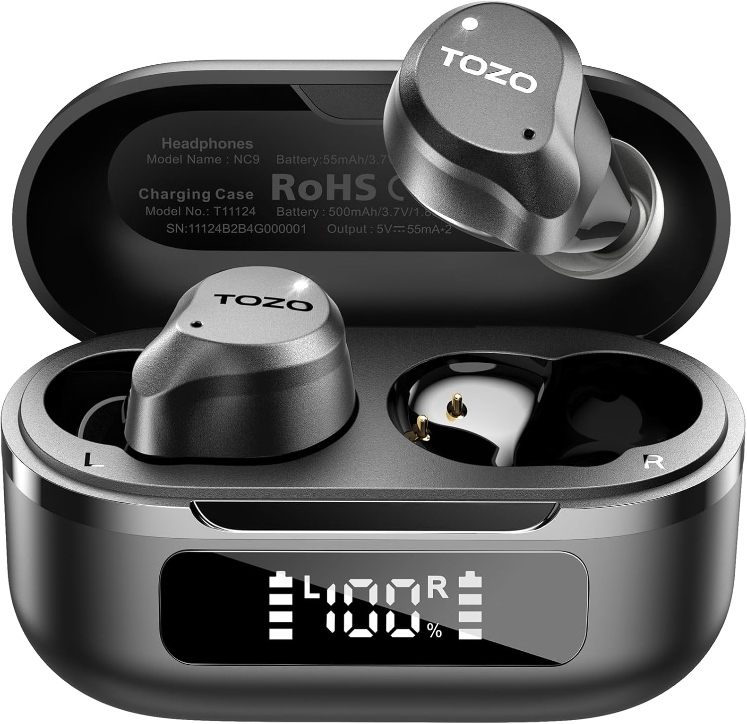 TOZO Hybrid Active Noise Cancelling Wireless Earbuds, 6 Mics ENC Clear Call, IPX8 Waterproof, in Ear Bluetooth 5.3 Headphones Stereo Bass Heasets 59H Playtime with LED Display 32 Eqs via APP