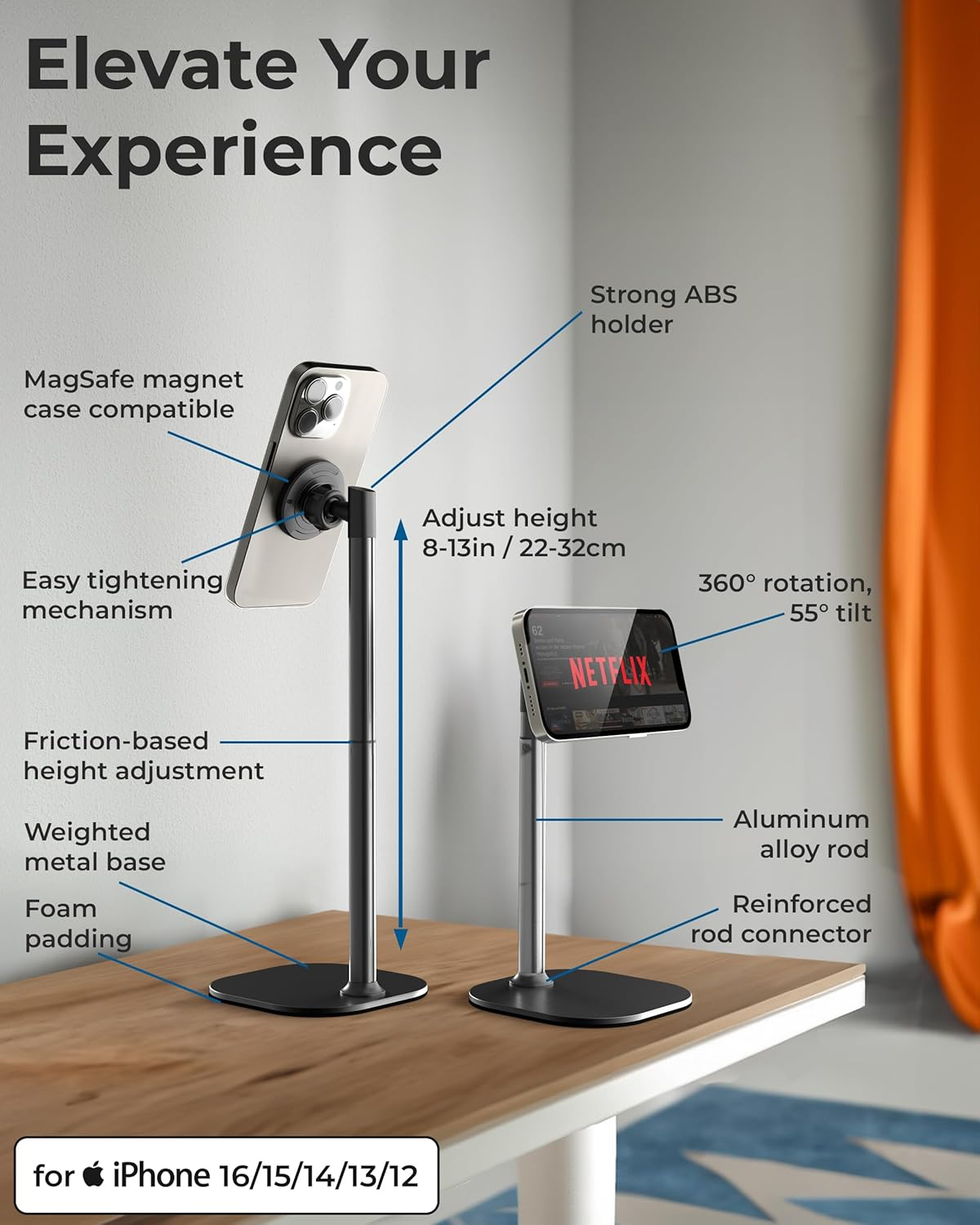 Cooper Magstand - Magsafe-Compatible Iphone Stand for Desk & Video Recording, Compatible with Iphone 17 Pro Max, 16/15/14/13/12, Magnetic Phone Stand (Black) image number 6