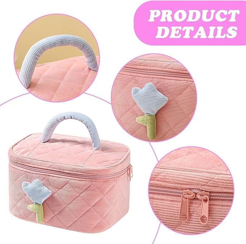 Flower Cosmetic Bag, Kawaii Makeup Bag, Makeup Bag with Floral Pattern, Large Make up Bag Women, Made of Soft Cotton Material, Make up Bag, Cute Beauty Cosmetic Bag for Women and Girls, Pink image number 3