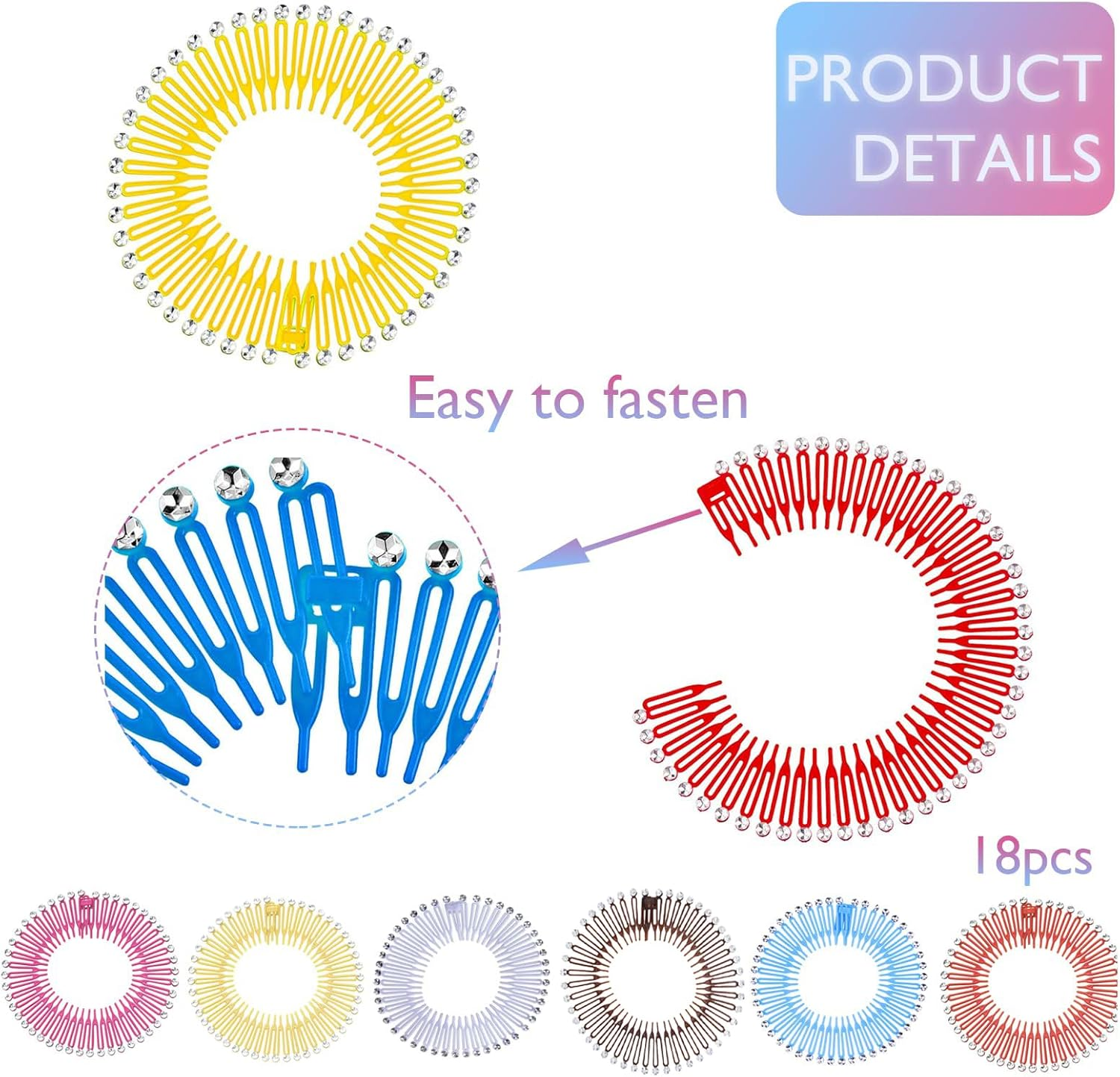 18 Pieces Full Circular Stretch Comb Flexible Plastic Circle Comb Stretch Hair Comb Headband Hair Band Holder for Women Girls 6 Colours