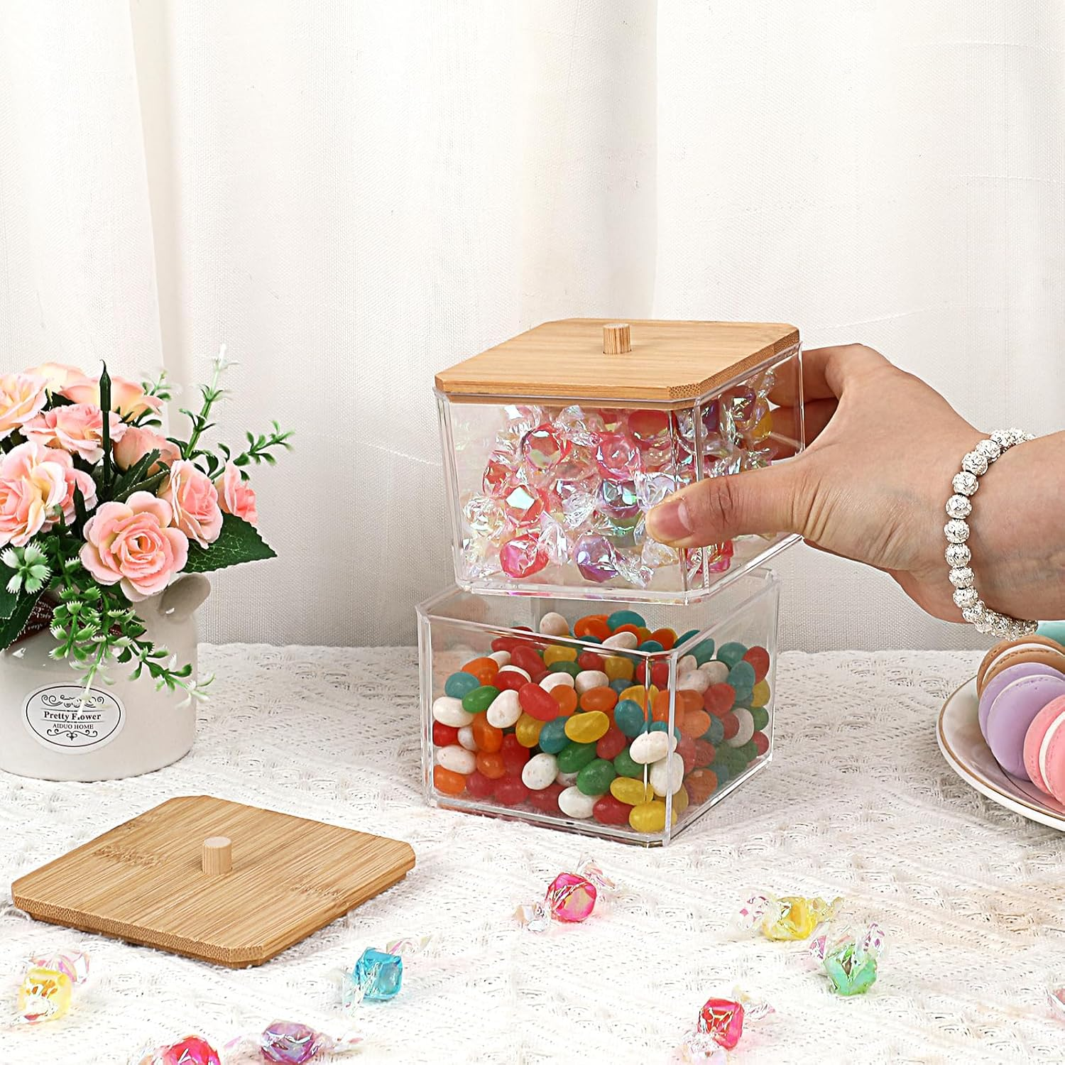 BTSKY 2 Pack Clear Stackable Paper Clip Holder with Bamboo Lid Paperclip Box Thick Acrylic Office Supply Accessory Organizer Square Small Storage Holder Cute Qtip Holder for Office Bathroom Vanity image number 4