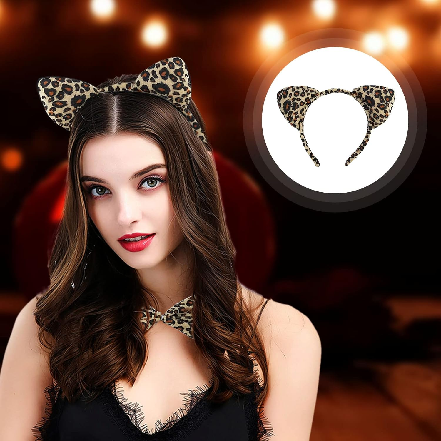 TSHAOUN 2 Pieces Leopard Ears Headband Set Ears Tail Bow Tie， Animal Cat Ears Band Bow Tail Fancy Dress up Set