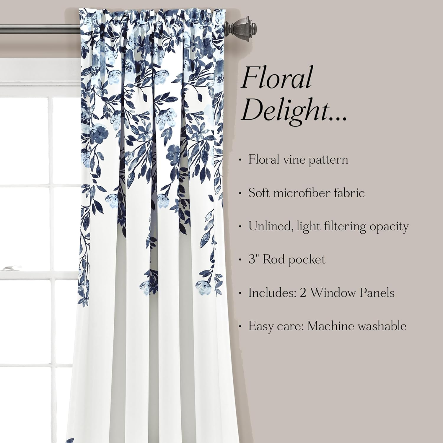 Lush Decor Tanisha Curtains - Light Filtering Window Panel Set, Pair - Floral Vine Print, Beautiful, Modern, Elegant Home Decor - 52" W X 95" L, Navy & White