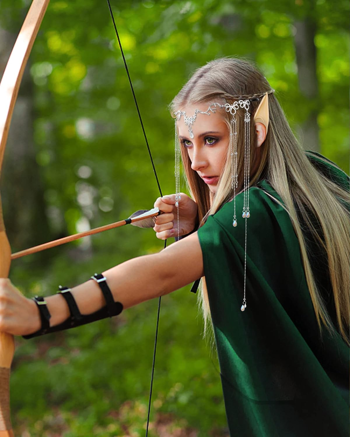 Elf Ears with Headpiece Set-2 Pairs Short and Long Latex Ears and Tassel Headpiece Fairy Chain Kit Fairy Hair Accessories Cosplay Props for Halloween Masquerade, Silver, Medium image number 3