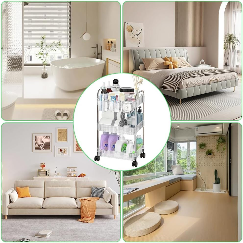 3-Tier Acrylic Storage Rolling Cart, Clear Bathroom Organiser Trolley, Snack Rolling Shelf with Wheels, Movable Storage Organizer for Office Bathroom Kitchen image number 2