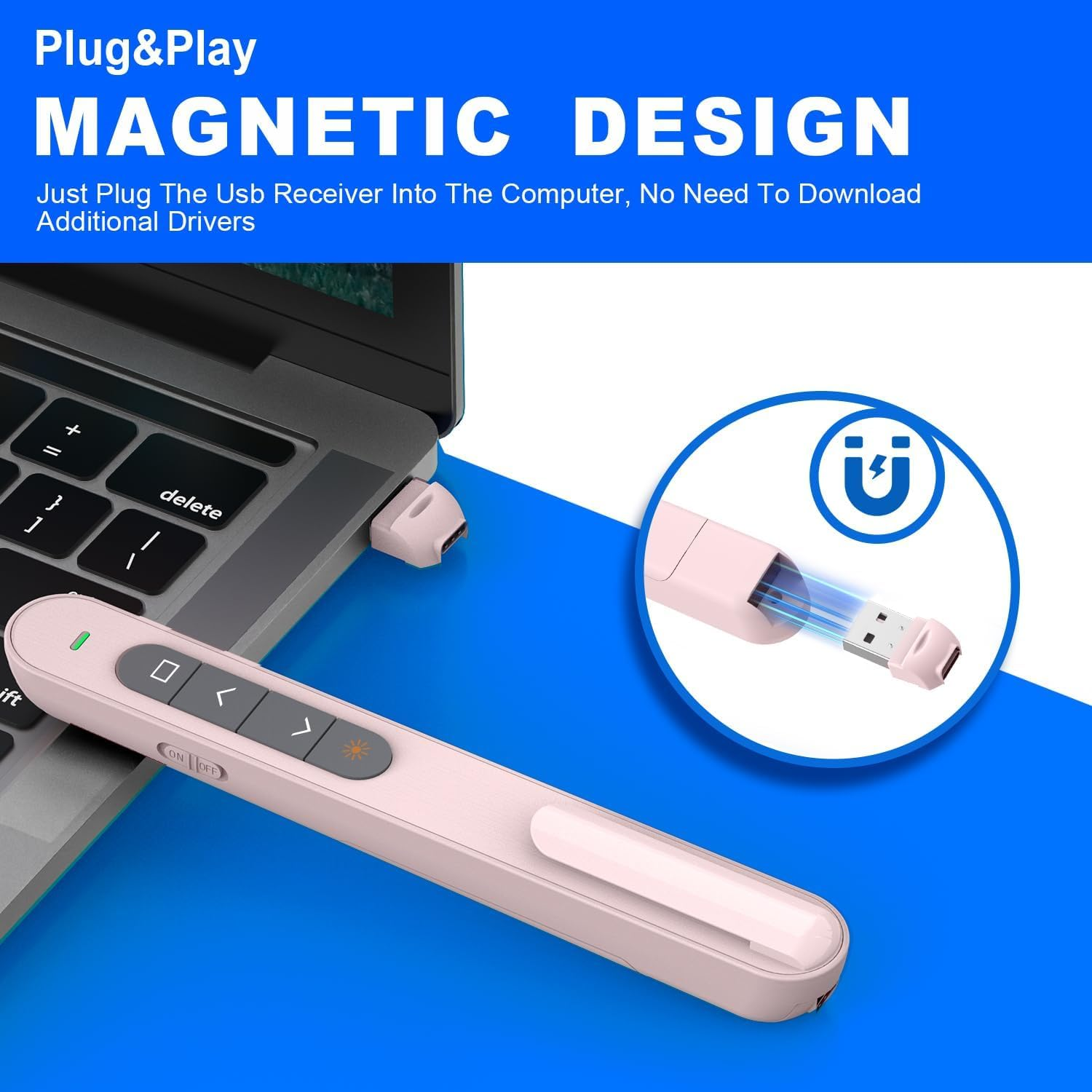 USB Type C Wireless Presenter Remote Presentation Clicker, Volume Control Powerpoint Clicker with Red Pointer Long Range PPT Clicker Slide Advancer for Mac PC Laptop Computer (Pink) image number 3