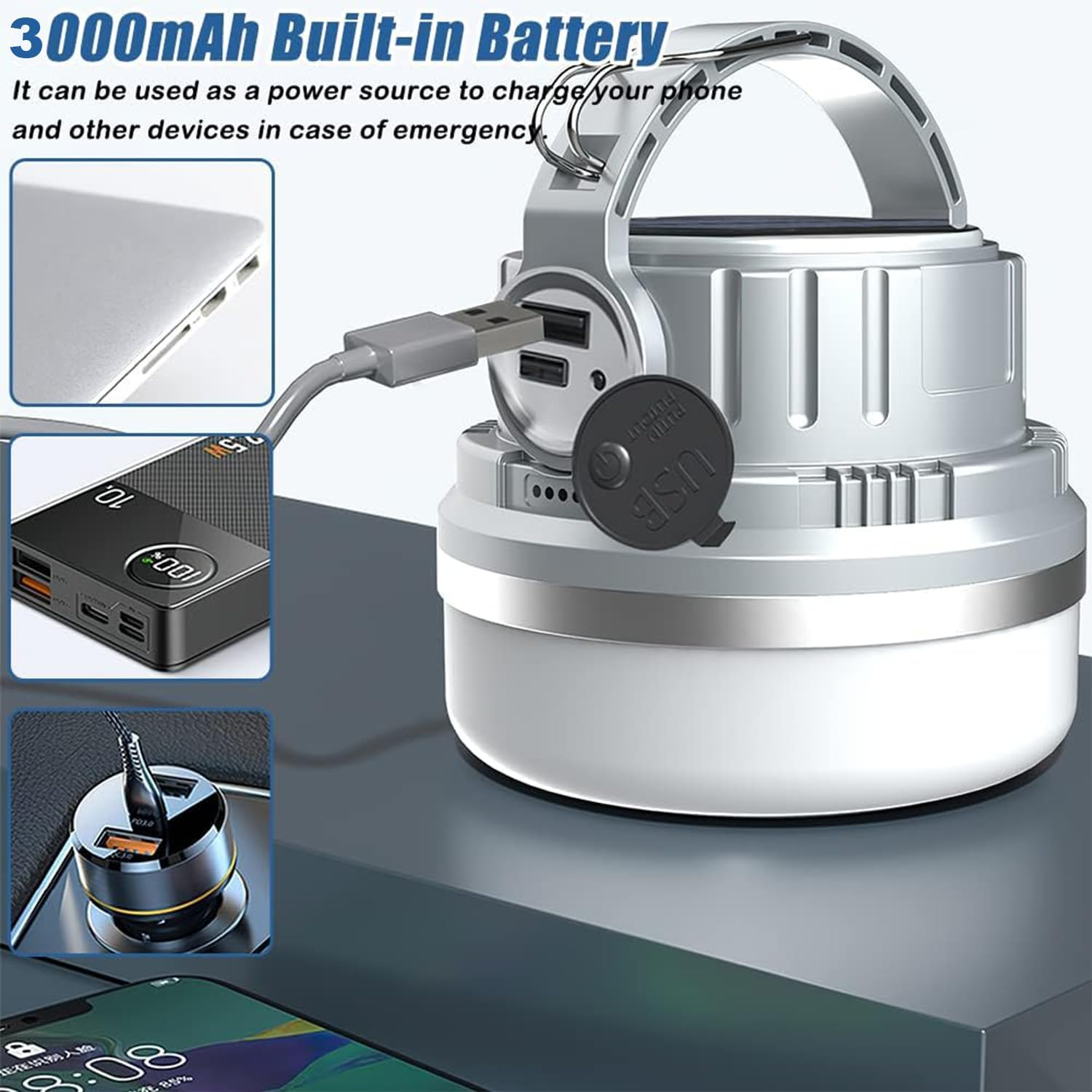 Daybreakaura Solar Camping Lantern, 1800LM USB Rechargeable Solar Camping Light with 6 Modes and 3000Mah 20H～45H Hanging Rechargeable Outdoor Solar Lanterns Ten Light for Power Outages Emergency, Hiking, Power Outages, Hurricane image number 5