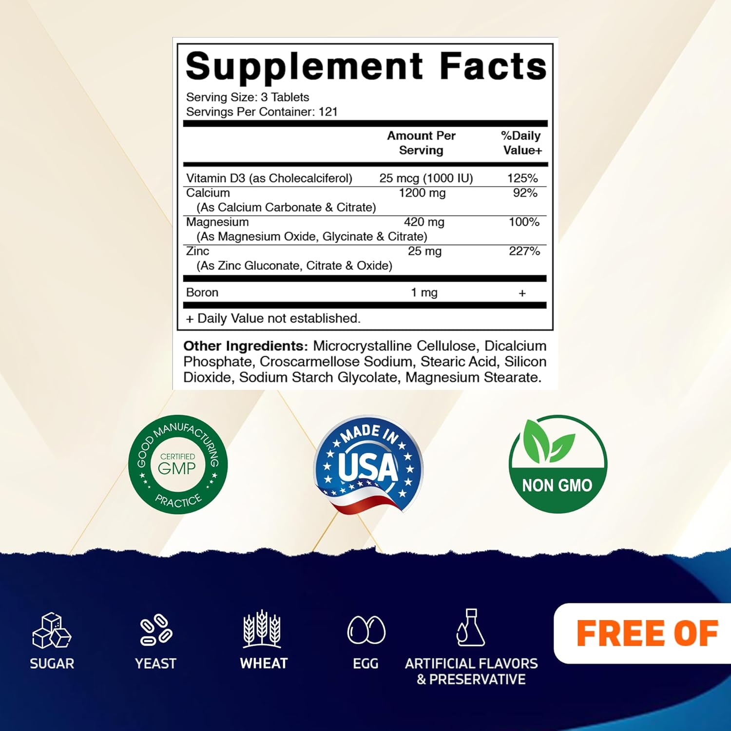 Vitamatic Calcium Magnesium Zinc D3 Boron | 365 Coated Tablets Supplement | Calcium 1200 Mg, Magnesium 420Mg, Zinc 25Mg, Vitamin D3 1000 IU, Boron 1 Mg | Non-Gmo | Gluten Free | Made in USA image number 4
