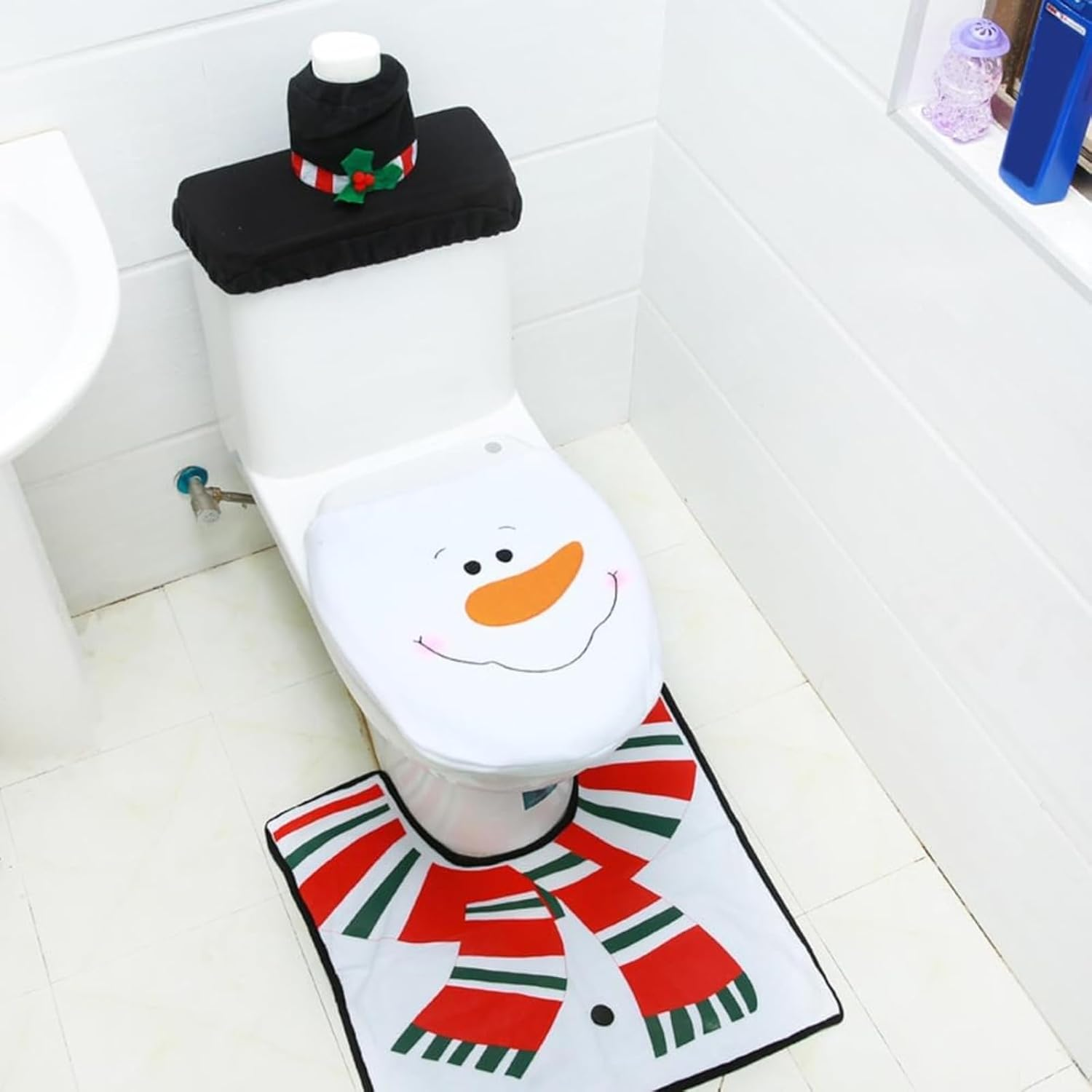 Set of 3 Snowman Christmas Toilet Cover Set, Festive Bathroom Decor with Soft Seat Cover, Tank Lid Cover & Non-Slip Mat for Holiday Home Decoratio image number 3