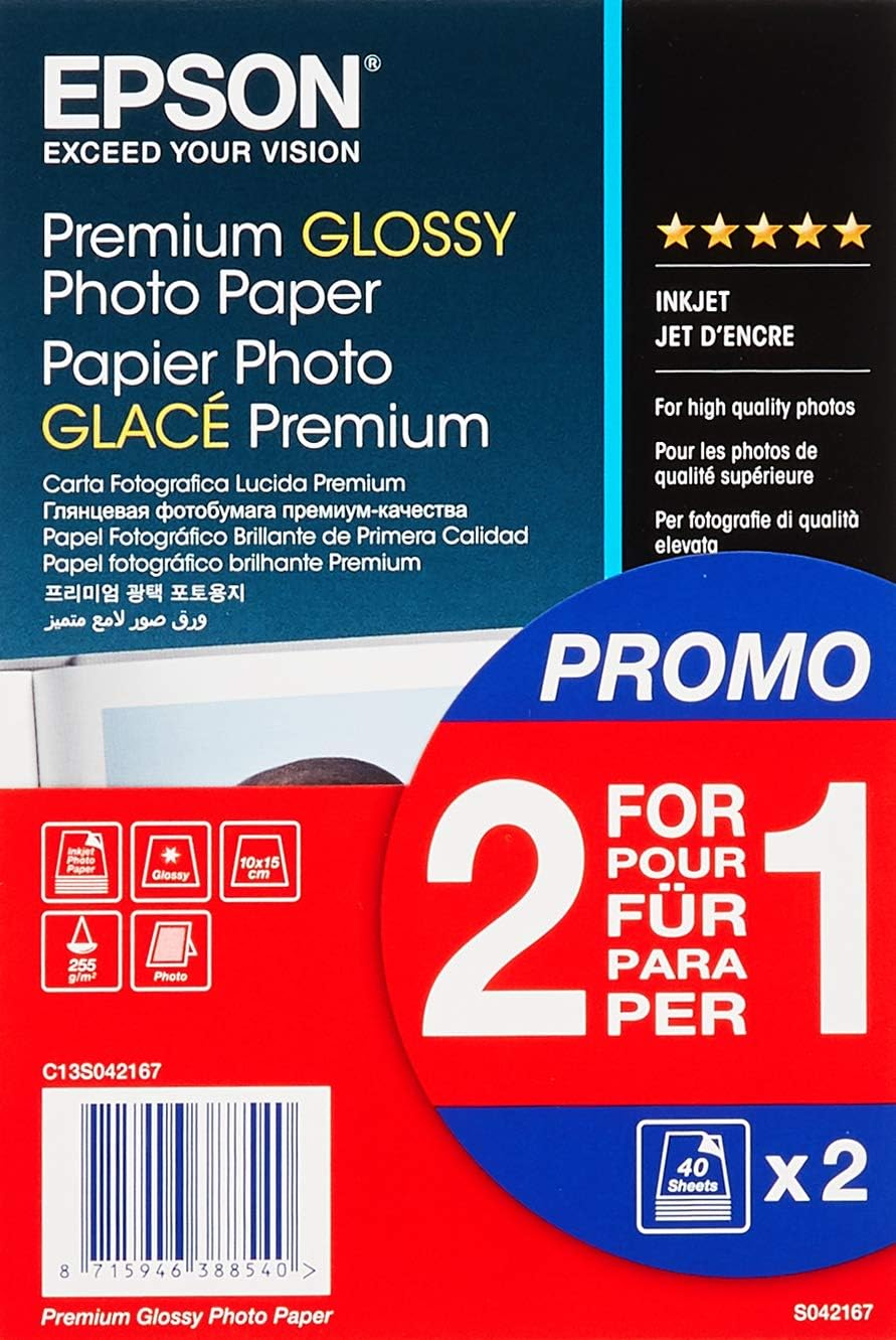 EPSON Premium Glossy Photo Paper Inkjet 255G/M2 (A6 Paper 100X150Mm) 2X40 Sheets 1-Pack