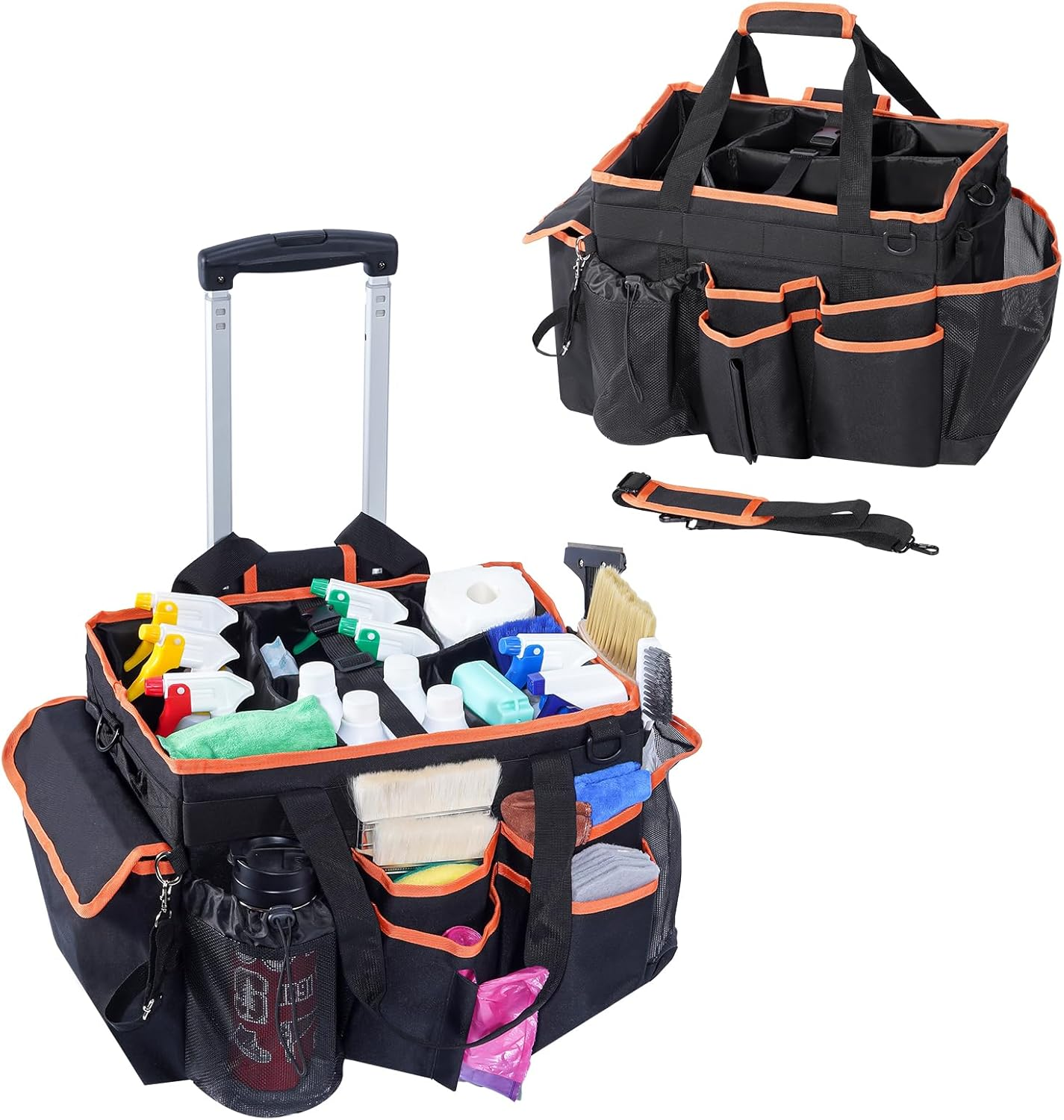 Puricon Cleaning Caddy with Wheels, Professional Portable Rolling Cleaning Supplies Bag with Detachable Trolley Large Cleaning Cart with Handle and Shoulder Strap for Housekeeping -Blackorange image number 6