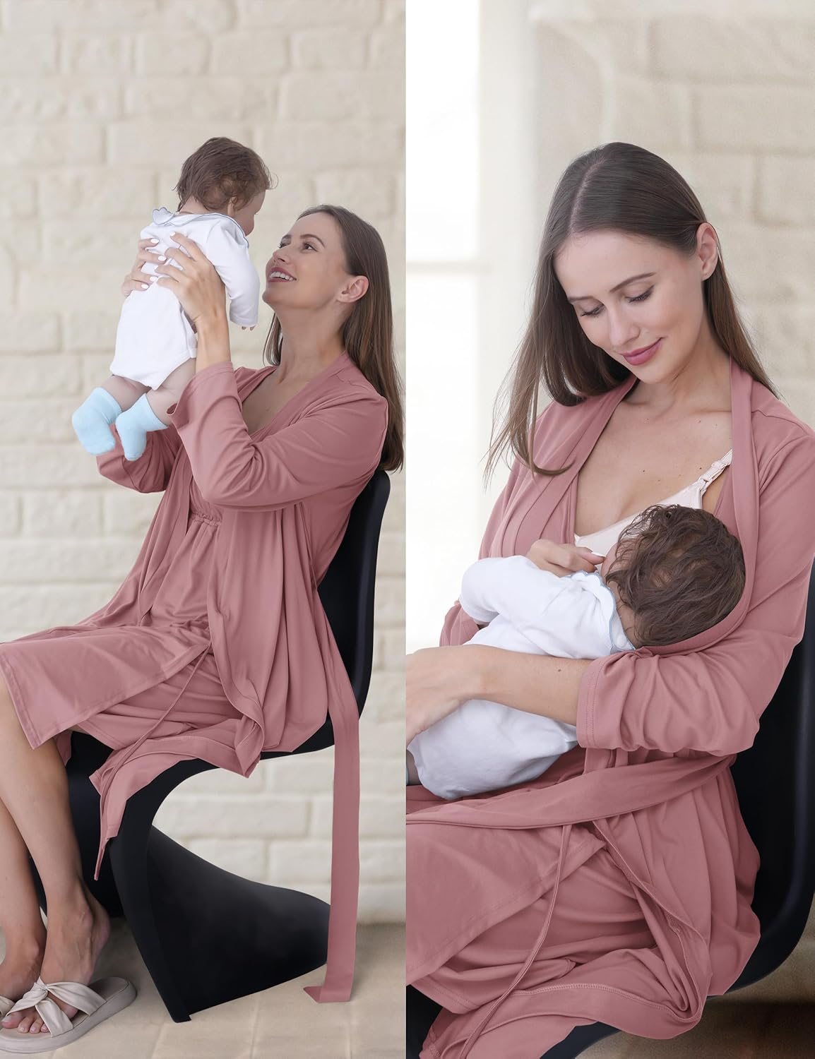 SUNNYBUY Maternity and Nursing Nightdress with Dressing Gown 2-Piece 3-In-1 Pregnancy Night Dress Set for Birth, Postpartum and Breastfeeding, Hospital Sleepwear image number 5