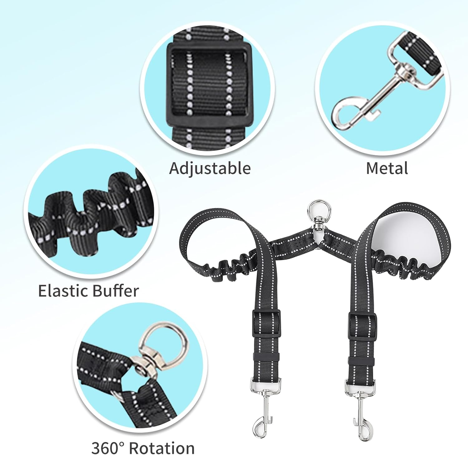Double Dog Lead Coupler, No Tangle 360&deg;Swivel Rotation with 2 Splitter, Heavy Duty Dog Leash Coupler Adjustable Shock Absorbing Bungee Reflective Dual Lead for Puppy Small Medium Dogs image number 2