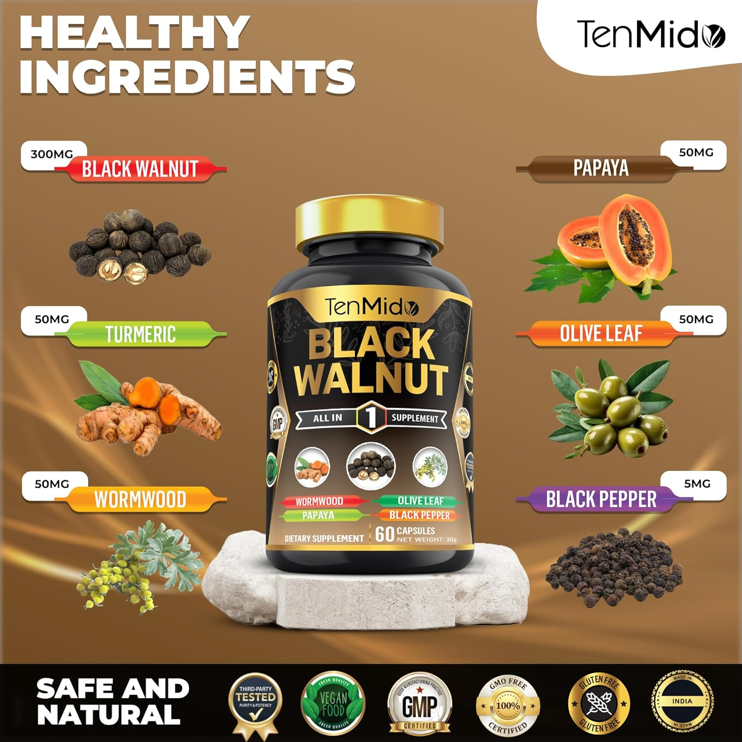 Black Walnut Supplement - 6In1 Blend with Wormwood, Turmeric, Papaya, Olive Leaf and Black Pepper- Gut & Digestive Health Support - 60 Vegan & Non-Gmo Capsules image number 2