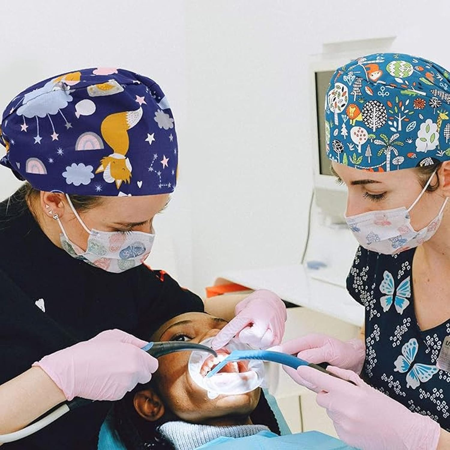 DONHUA Cute Printed Bouffant Scrub Caps with Button & Adjustable Sweatband for Women image number 3