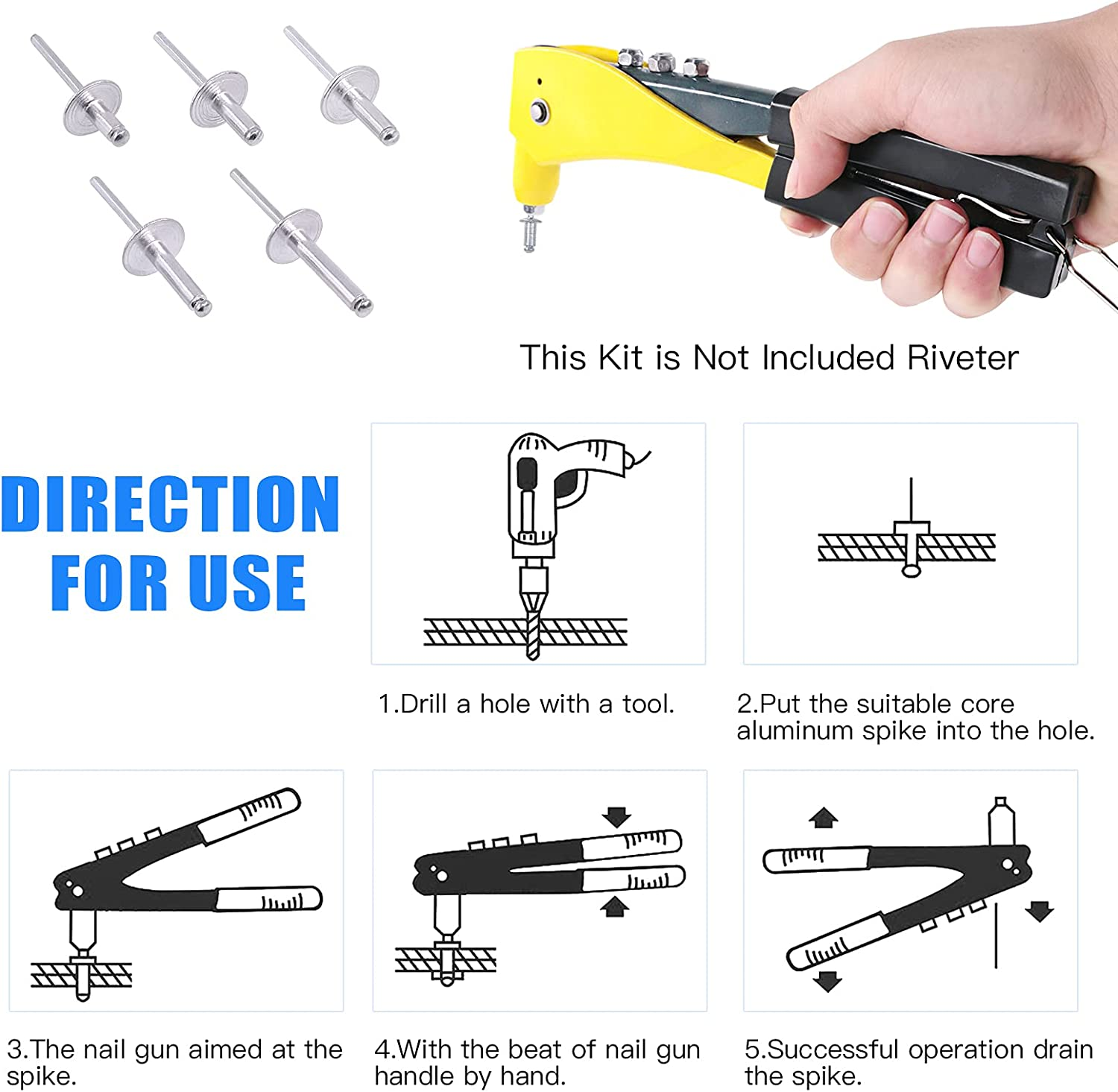 Glarks 240Pcs 3/16" X 3/8'' / 1/2'' / 5/8'' / 3/4'' / 1'' Large Flange Blind Rivets 5 Szie Aluminum Pop Rivets Assortment Set image number 1