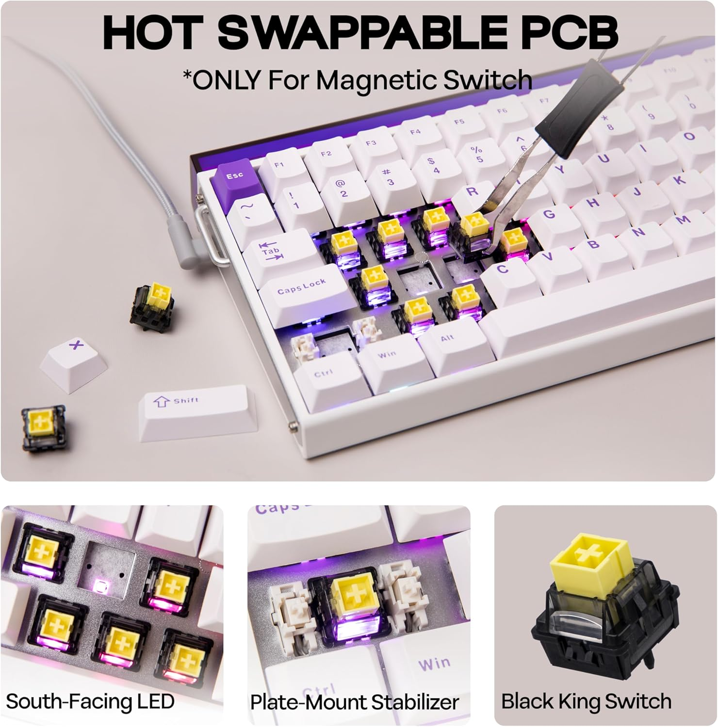 Mechlands Aula Hero84 HE Wired Magnetic Gaming Keyboard, Rapid Hall Effect Keyboard with 0.01Mm Adjustable Actuation, 8Khz Polling, 5-Layer Sound Dampening, RGB Lightbox & Backlit (White Purple) image number 1