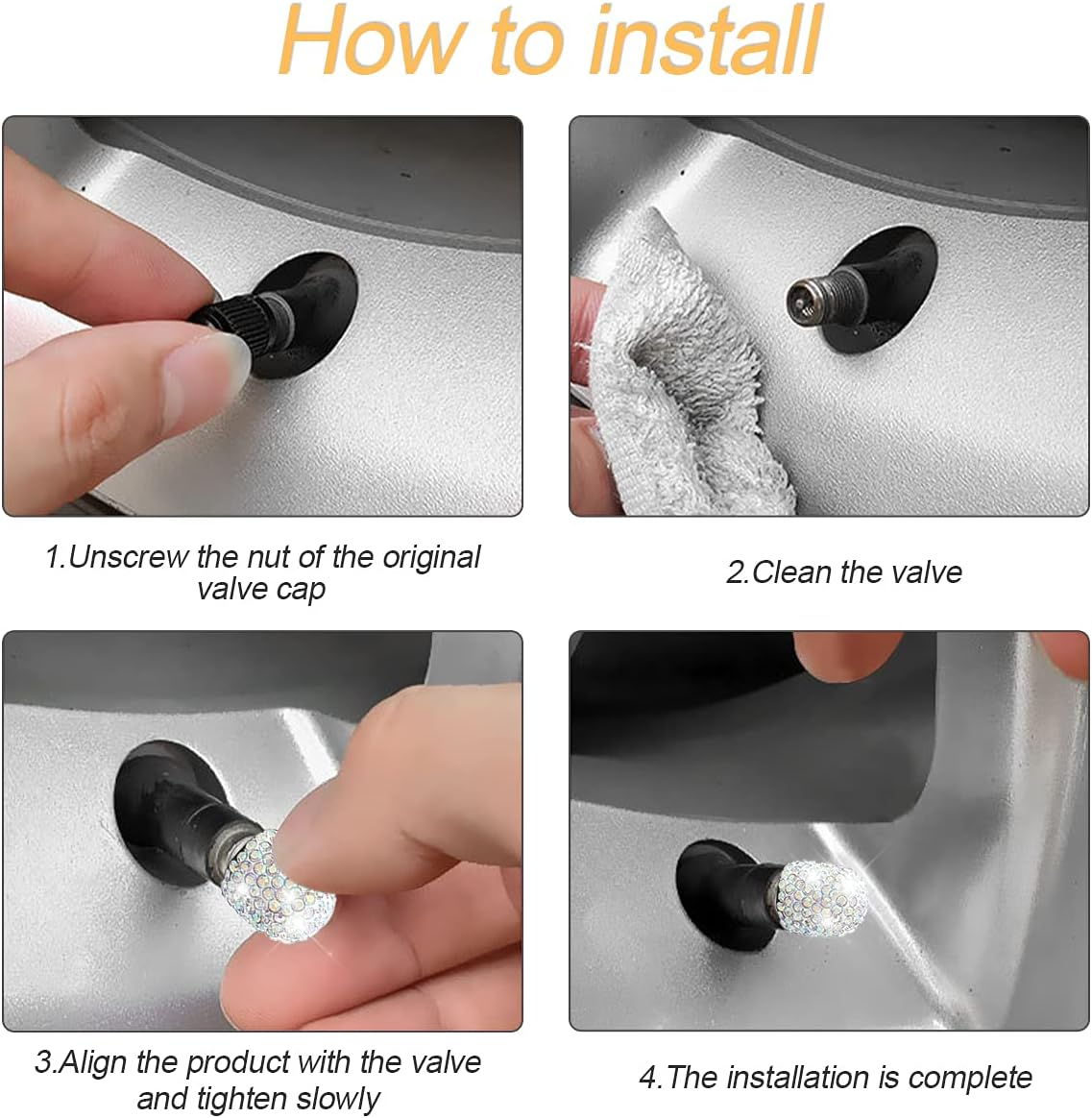 CGEAMDY 4 Pieces Universal Car Valve Caps, Crystal Diamond Valve Caps, Crystal Rhinestone Car Tyre Caps, Tyre Valve Dust Caps, Bicycle Tyre Valve Caps (AB) - Ab image number 2