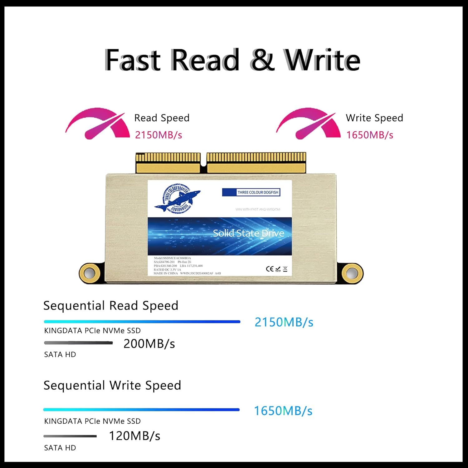 Dogfish 256GB SSD Nvme Pcie Gen3X4 M.2 Upgrade for Macbook, Internal Solid State Drive for Macbook Pro A1708 (2016-2017) image number 3