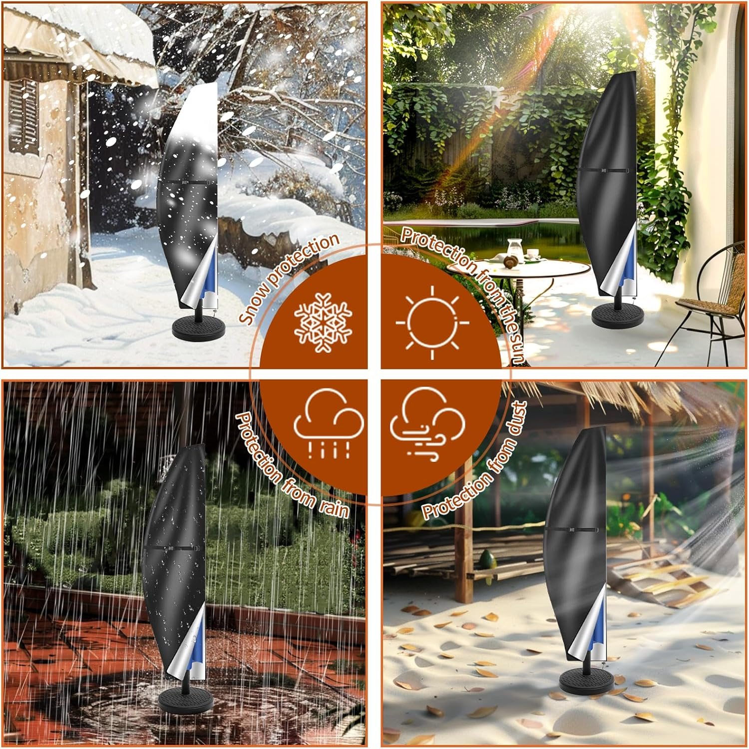 Neween Cantilever Parasol Cover with Rod, 210D Heavy Duty Waterproof Windproof Garden Offset Large Umbrella Cover with Zipper and Storage Bag Fit for 2.7-3.9M Outdoor Parasol (Black, 280X30/81/46Cm) image number 4