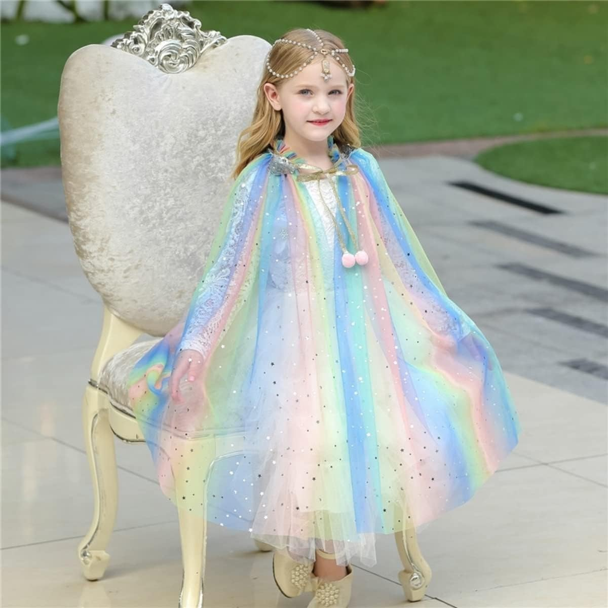 Costume Bay Girls Mermaid Rainbow Sequin Cloak Princess Sparkling Mesh Cape Hooded Cloak Halloween Book Week Dress up Party Birthday Gift Accessory Photoshoot image number 3