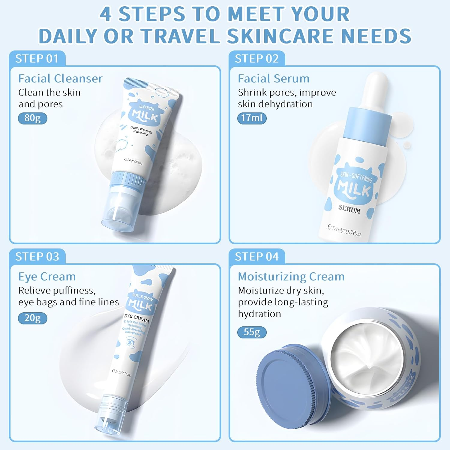 Skin Care Routine Set for Girls, anti Aging Milk Skin Care Set with Cleanser, Serum, Cream, Eye Cream for Acne, Shrink Pores, Face Skincare Travel Kit with Hyaluronic Acid for Women, Daily Care image number 3