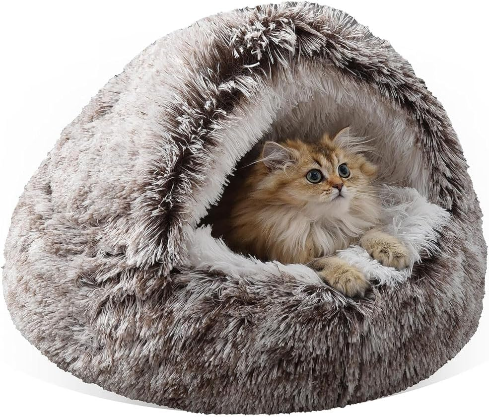 Aufondof Cat Bed round Soft Plush Burrowing Cave Hooded Ped Bed for Dogs & Cats Comfortable Self Warming Small Dog Bed Plush Calming Cat Bed (40Cm) (Brown)