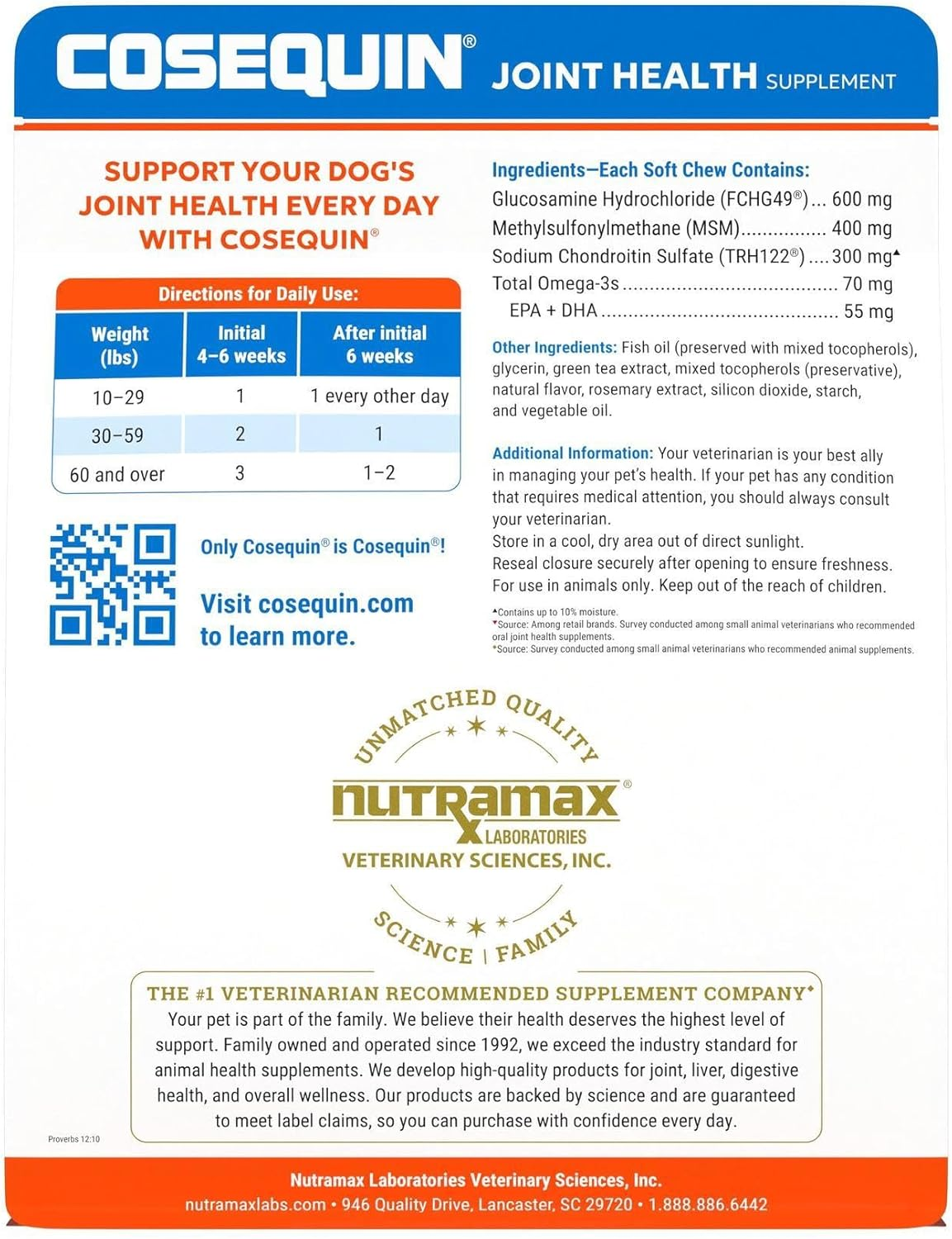 Nutramax Cosequin Joint Health Supplement for Dogs - with Glucosamine, Chondroitin, MSM, and Omega-3'S, 120 Soft Chews image number 1