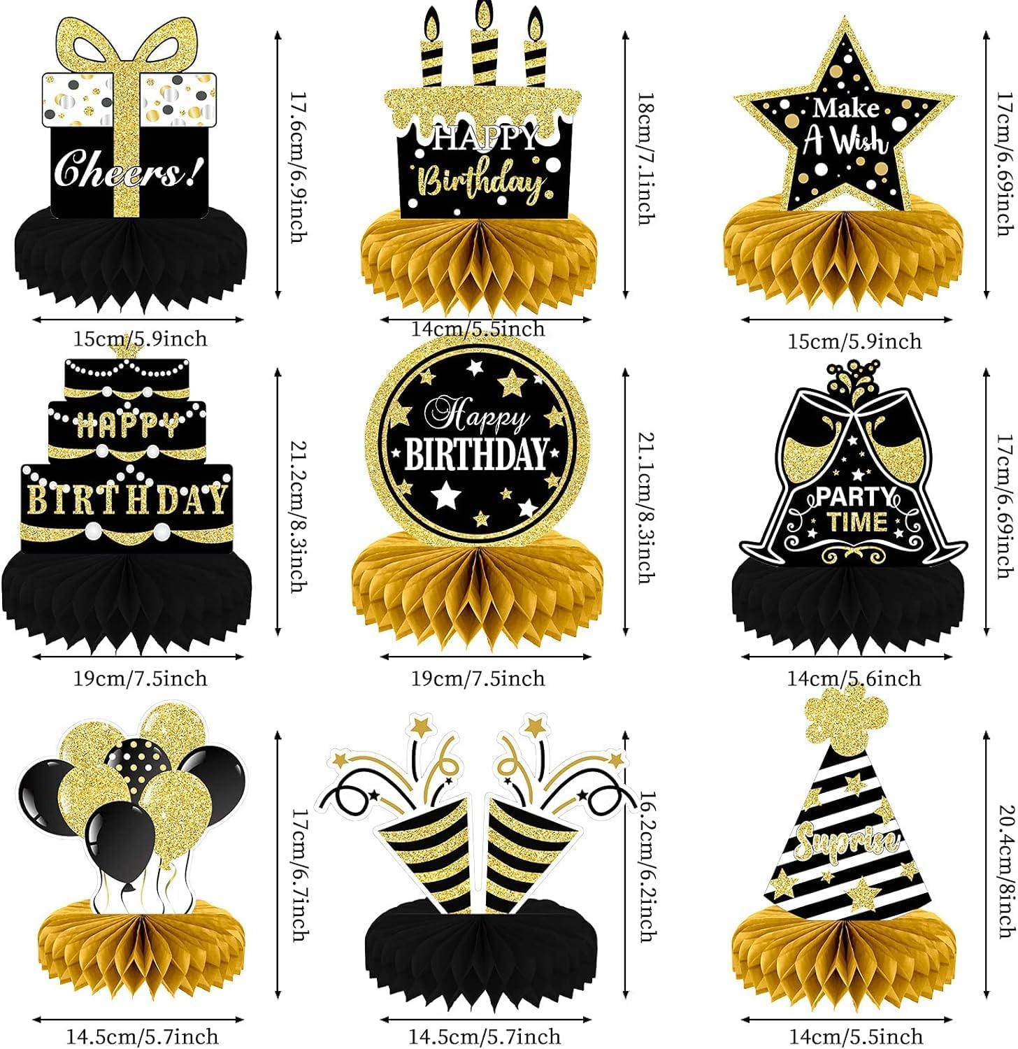 9PCS Black Gold Birthday Centerpieces for Tables Decorations Happy Birthday Honeycomb Table Topper for Party Supplies, Black and Gold, 20*20*1Cm