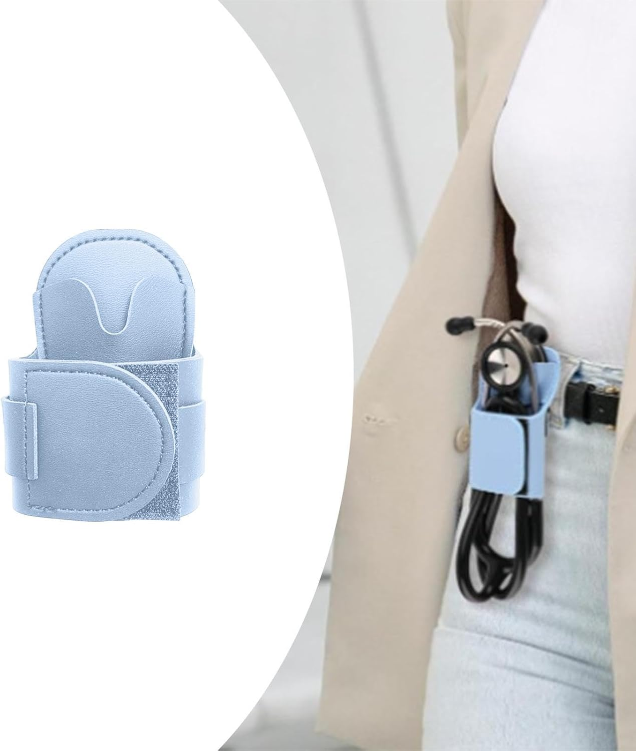Oshhni Stethoscope Hip Holder Storage Nurses, Doctors Rack Waist Bag Accessories PU Leather Carrier Stethoscope Holder Clip, Light Blue - Navy Blue image number 6
