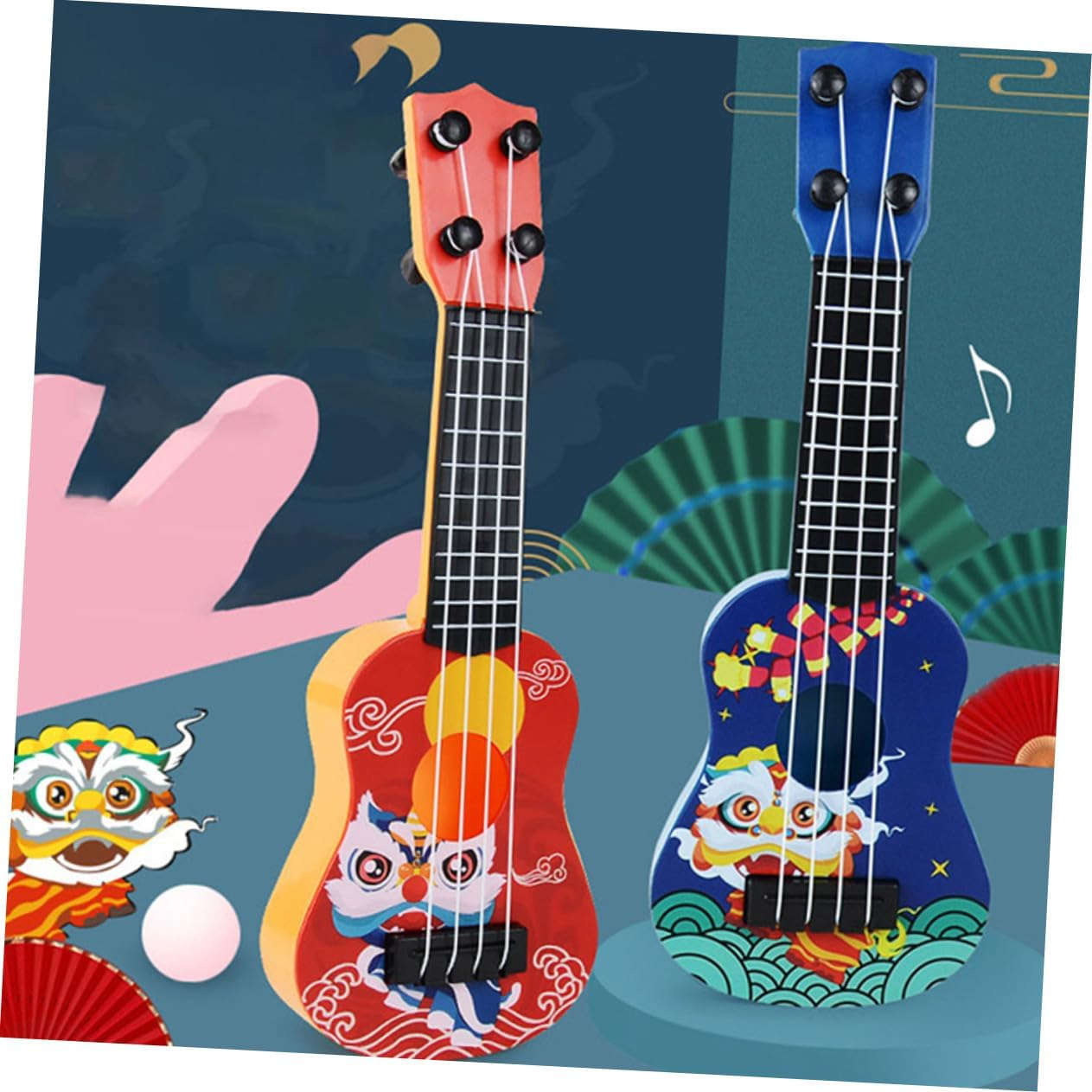 2Pcs Ukulele Cartoon Mini Guitar Model for Beginners Ages Smooth Surface Musical Instrument Educational Plaything in Red and Blue image number 5