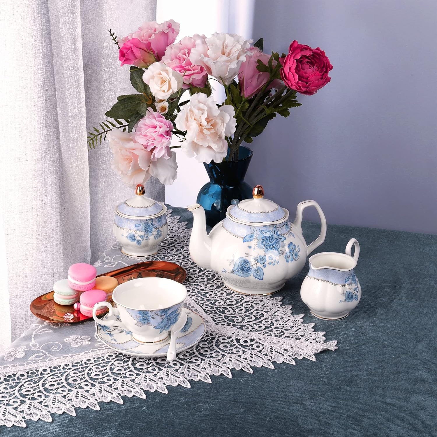Fanquare Blue Flowers Porcelain Tea Set,Tea Cup and Saucer Set,Service for 6,Wedding Teapot Sugar Bowl Cream Pitcher,China Coffee Set image number 6