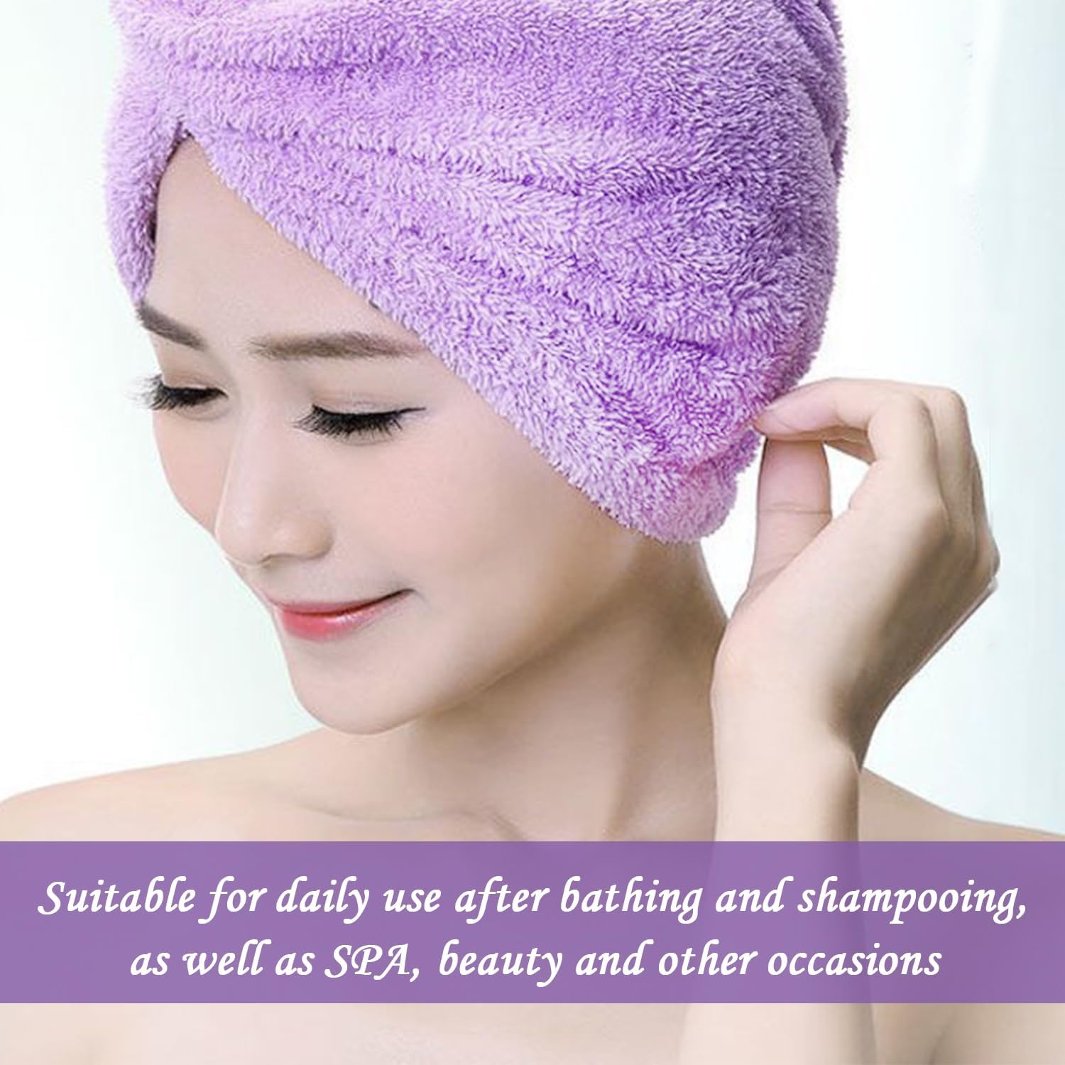 UDNFHL Pack of 2 Purple Dry Hair Caps and 2 Hair Rings, Water-Absorbing Shower Cap, Soft and Comfortable Dry Hair Cap, Bath Accessories. image number 1