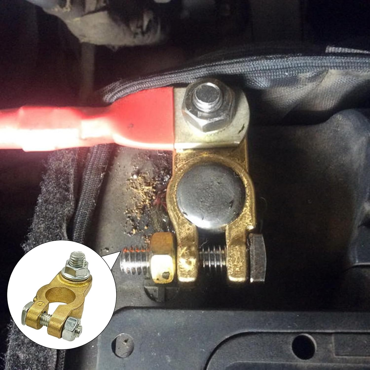 Qioon Brass Battery Terminal Connectors, Car Battery Top Post Clamp Set, P+ N- Pole Clamp for Marine, Boat, Truck, RV, Vehicle (1 Pair) image number 4