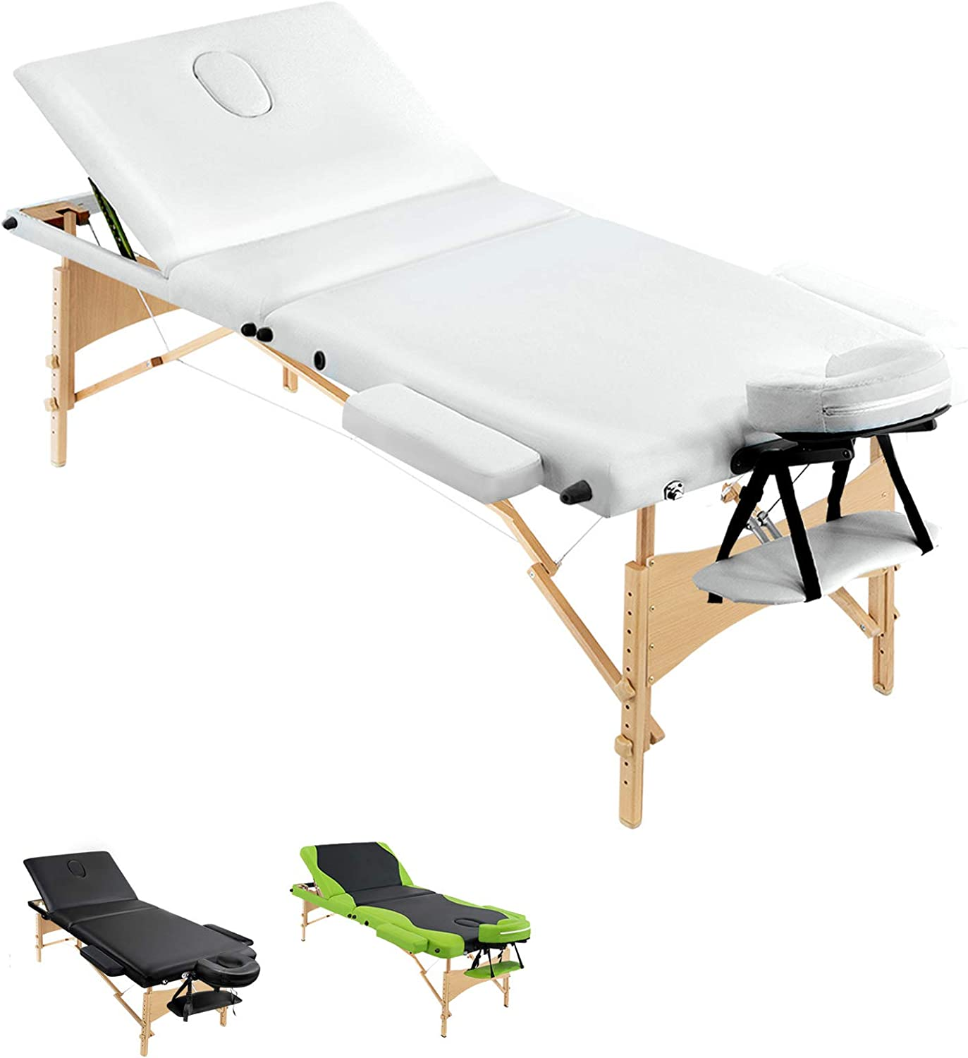 Zenses Massage Table Wooden 70Cm White Portable, Massages Therapy Bed, Folding 3 Fold Waxing Beauty Spa Beds Headrest Bounes Cover Covers Carry Bag Adjustable Height